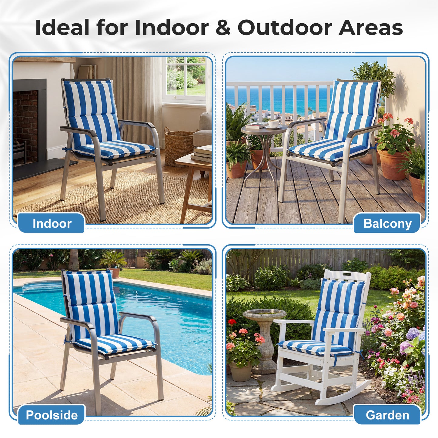 39x20x2.4 inch Outdoor Chair Cushions, Three-Section, Blue Stripe
