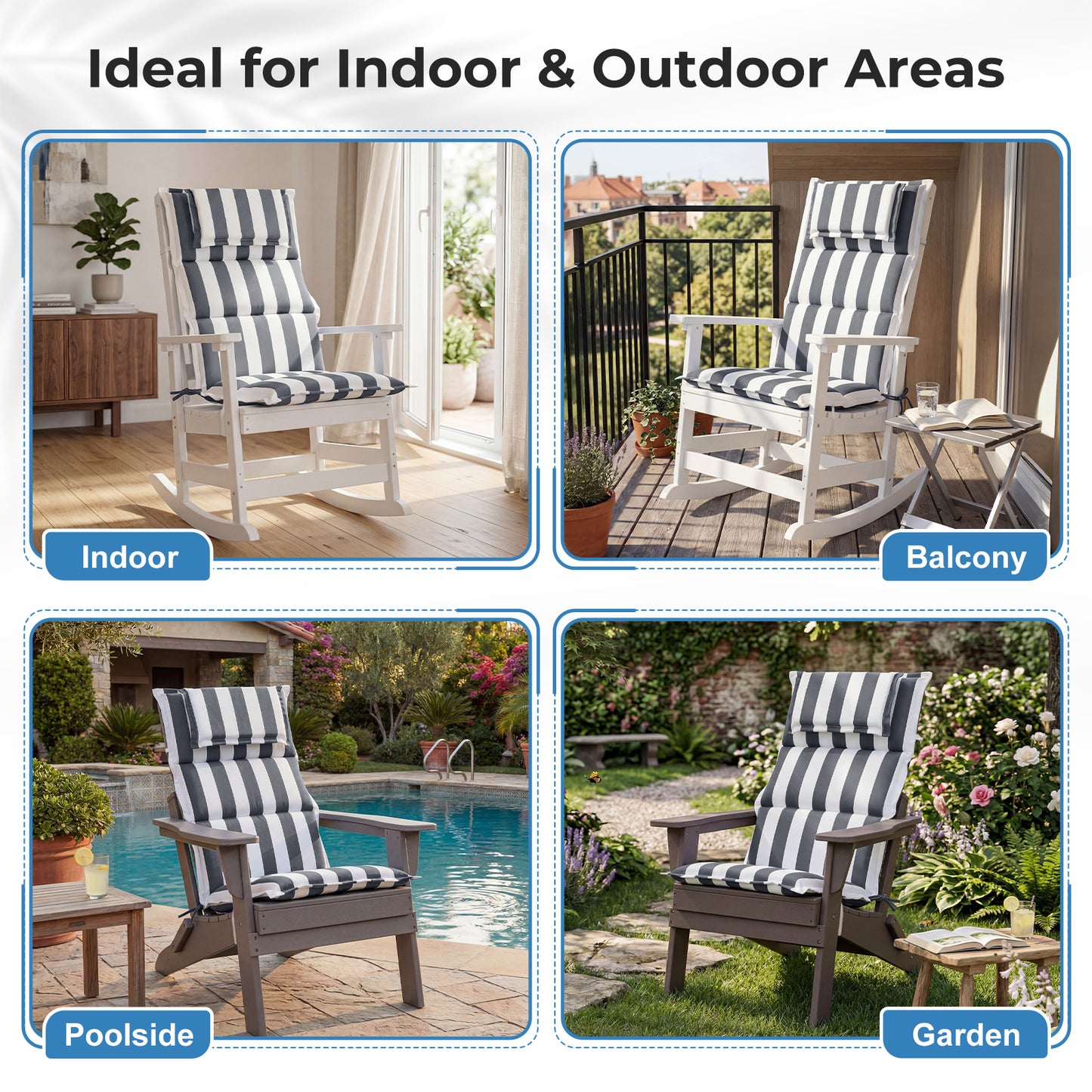47x21x2.4 inch High Back Patio Chair Cushions with Headrest, Multi-Section, Grey Stripe