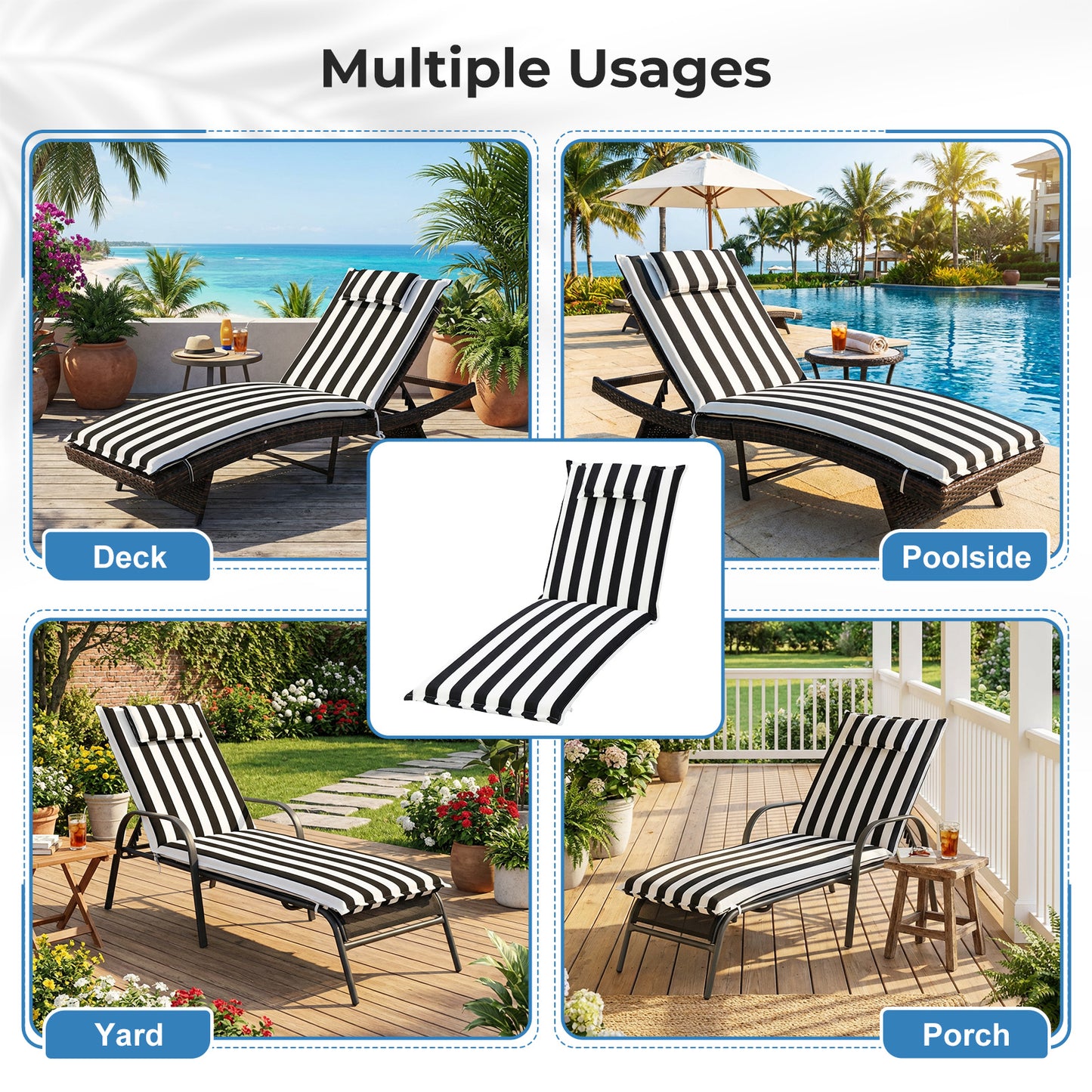 79x25x3 inch Outdoor Lounge Chair Cushion with Headrest, Black Stripe