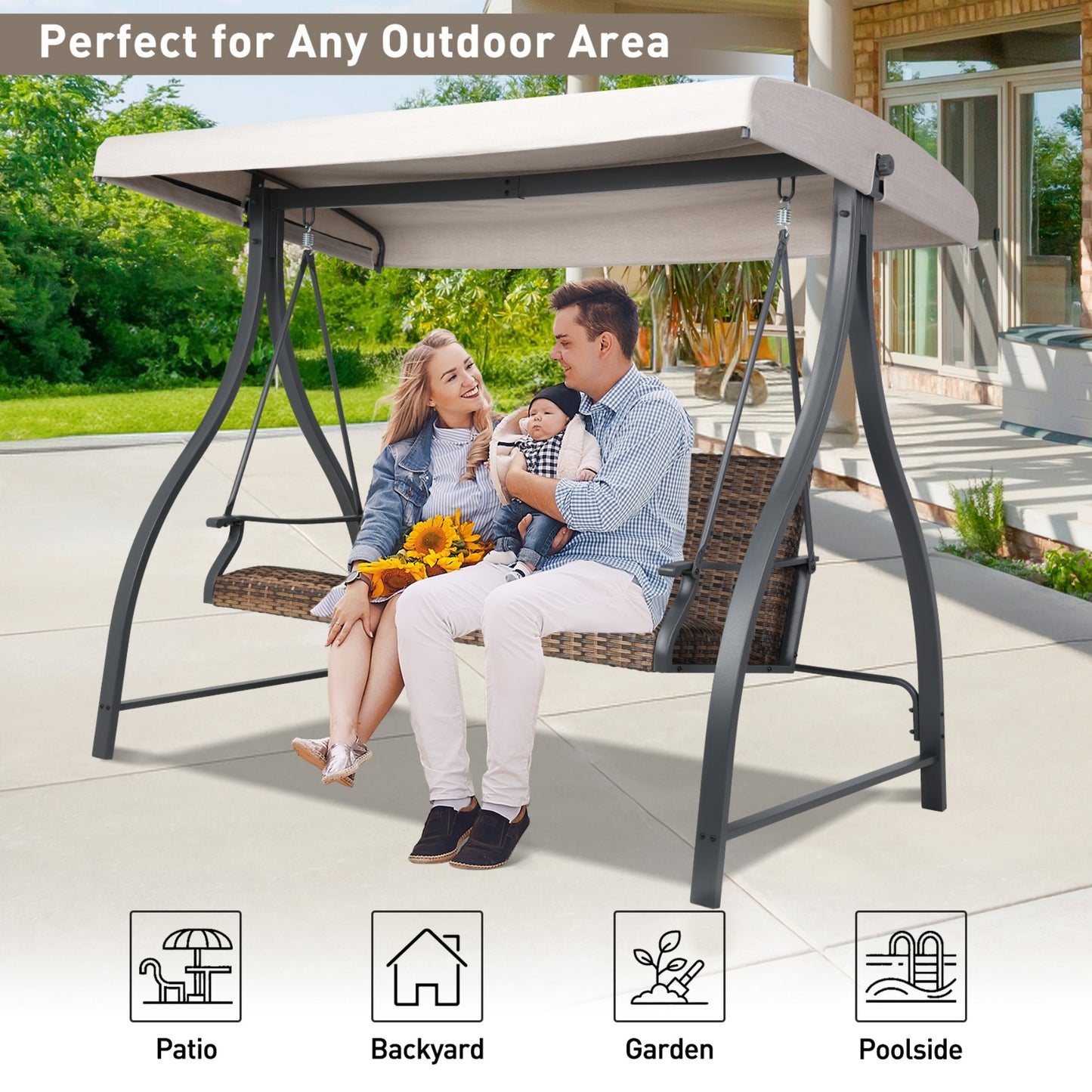 3-Seat Outdoor Rattan Patio Swing with Adjustable Canopy