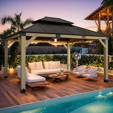 12'x14' Upgrade Cedar Wooden Frame Gazebo with 2-Tier Galvanized Steel Roof and Outlets - Aoodor