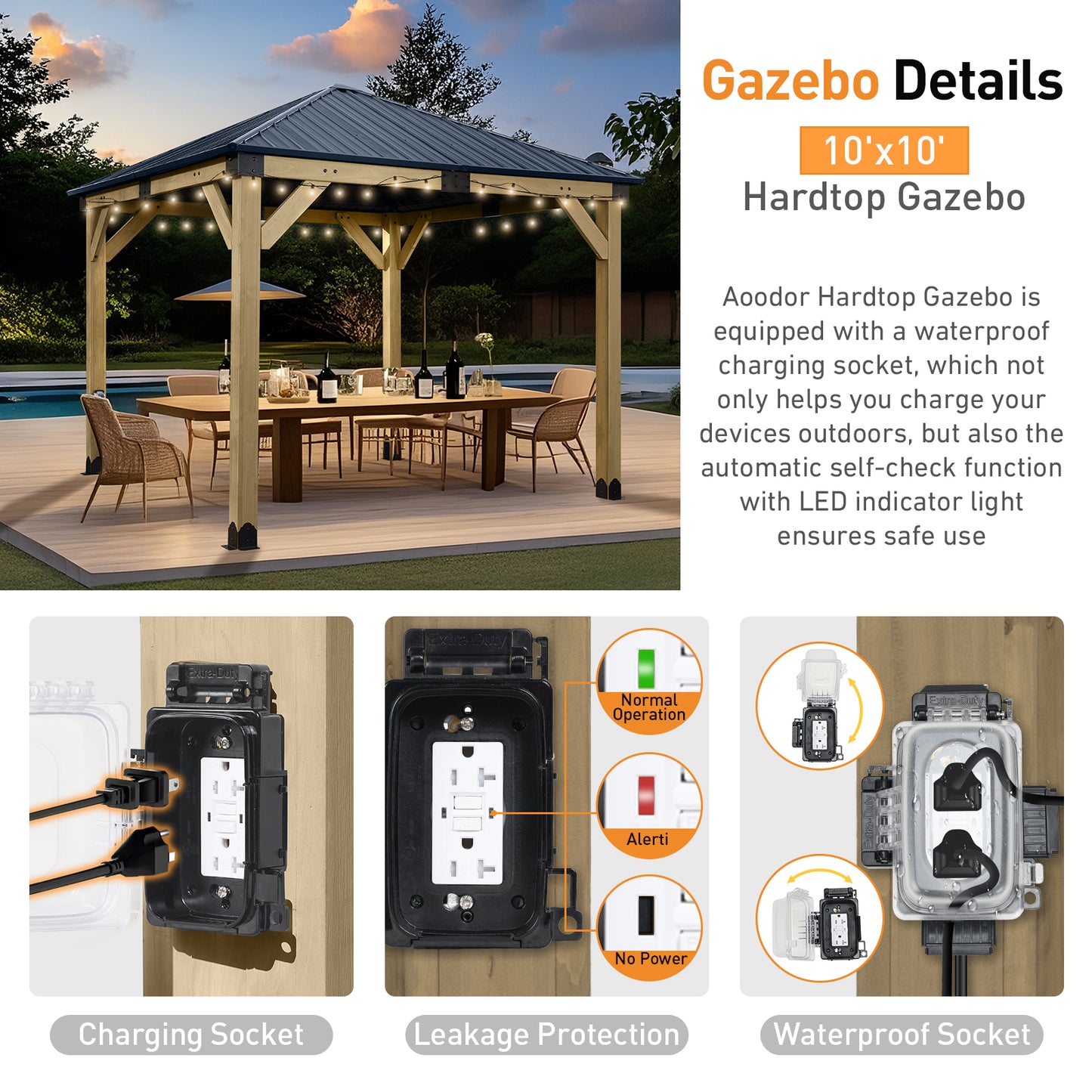 10'x10' Outdoor Patio Wooden Frame Gazebo with Galvanized Metal Hardtop Roof and Outlets