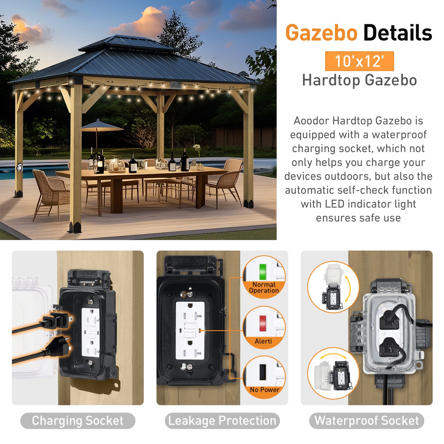 10'x12' Outdoor Patio Wooden Frame Gazebo with 2-Tier Galvanized Metal Hardtop Roof and Outlets