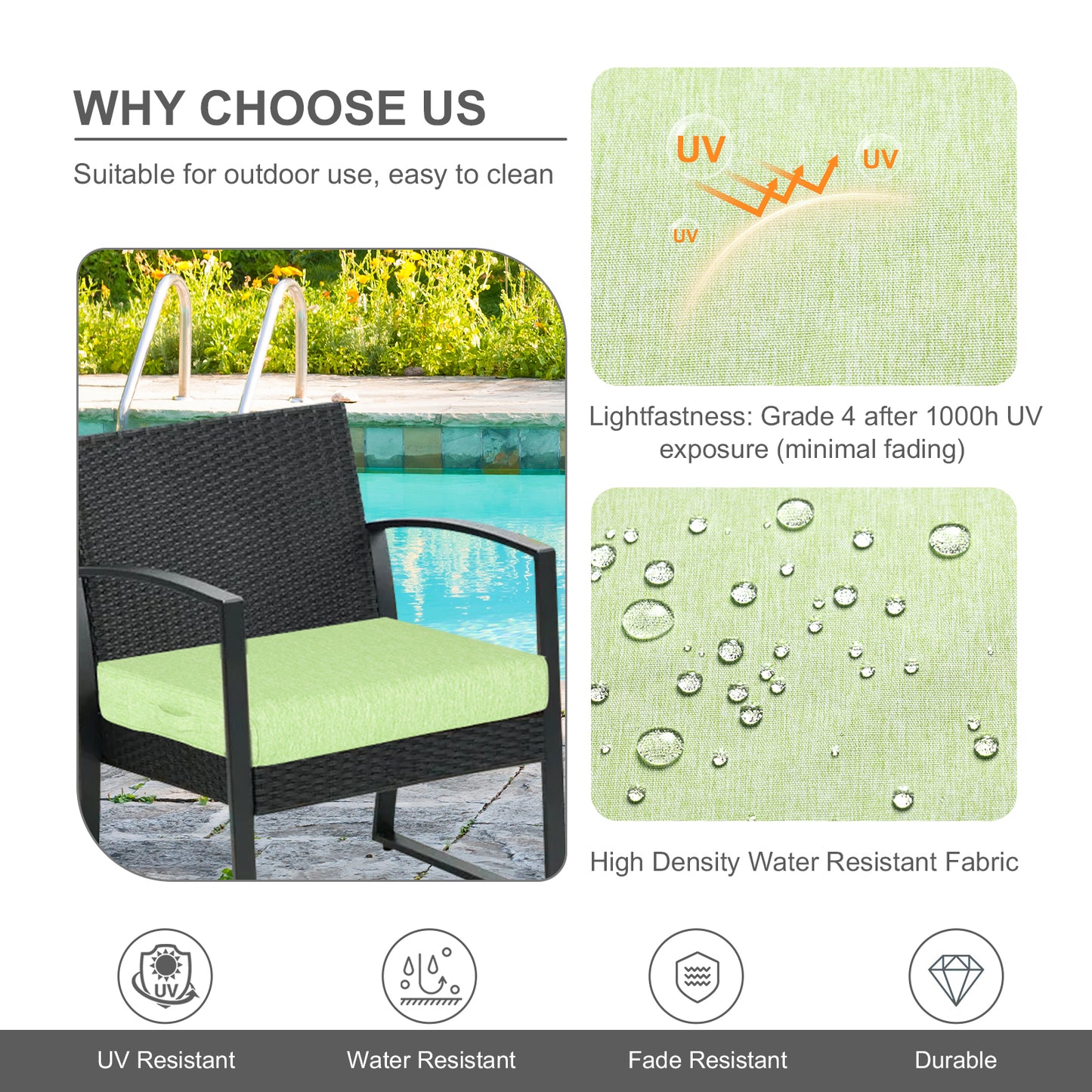 Outdoor Chair Cushions Set of 2 with Handle and Ties, Water Resistant Patio Seat Pads, Green