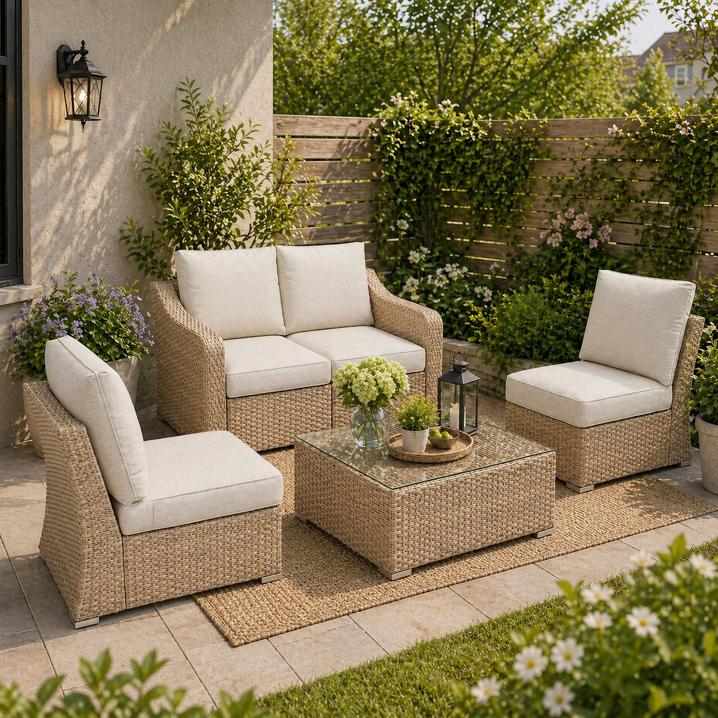 4 Piece Patio Furniture Set with Beige Cushions – Casual Contemporary