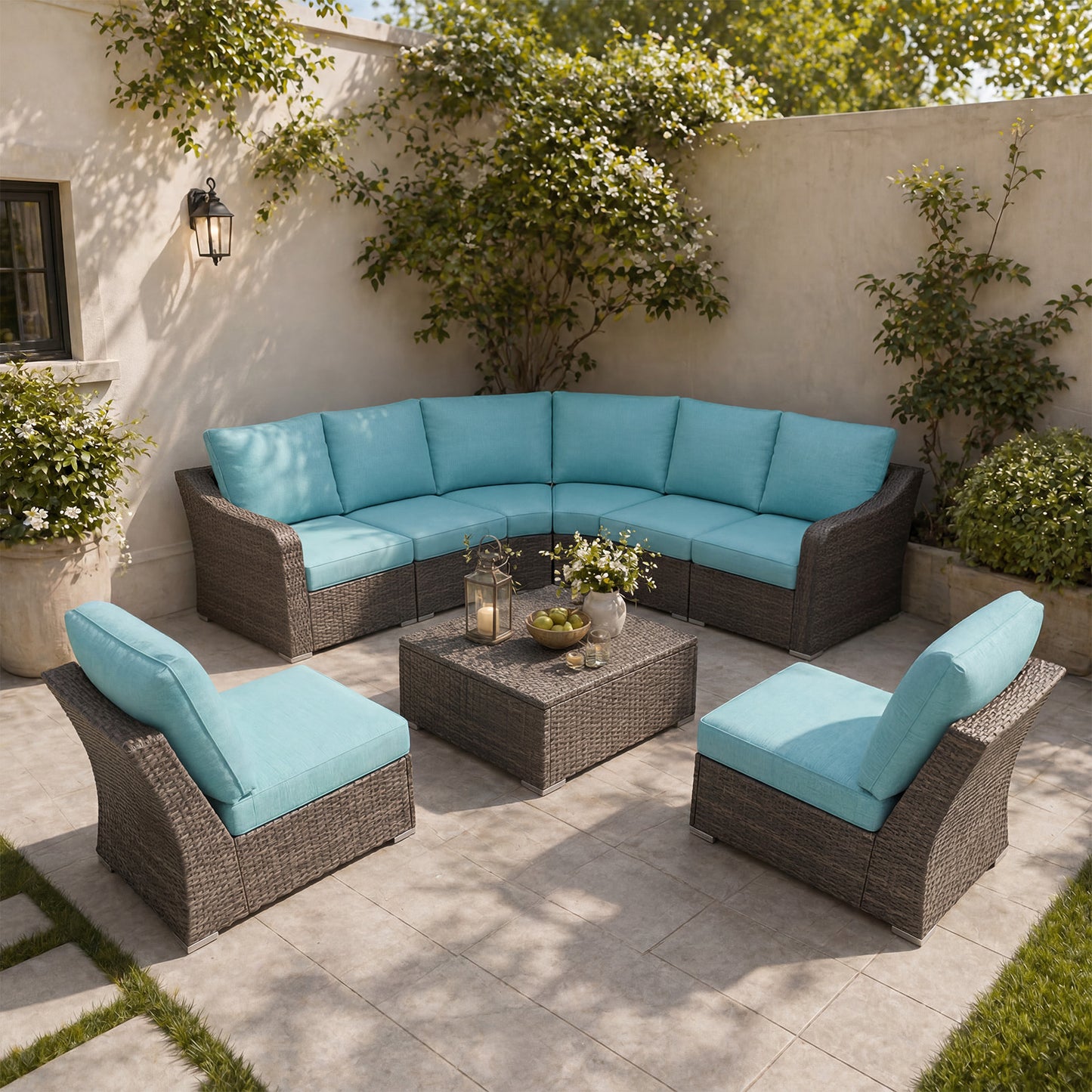Premium 8 Piece L-shaped Patio Furniture Set with Turquoise Cushions