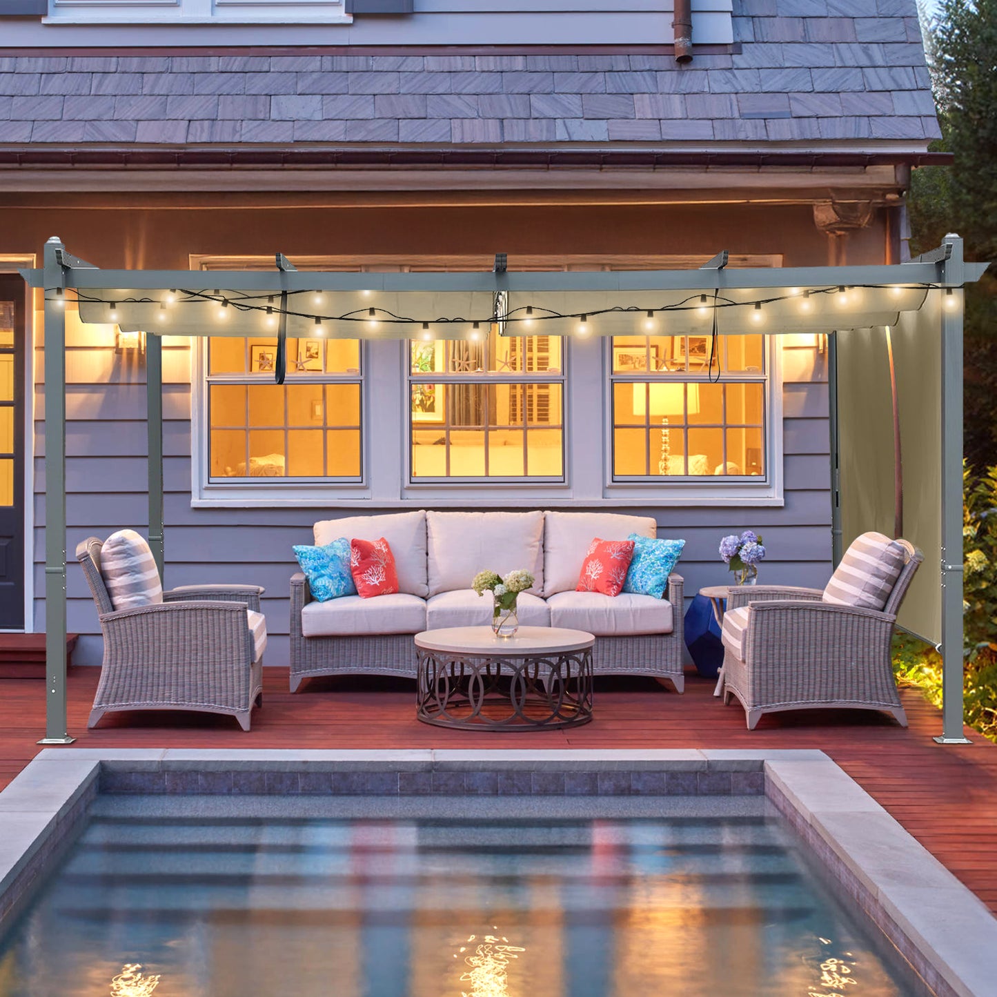 16x12 ft. Outdoor Pergola with Retractable Shade Canopy, Aluminum Frame, Roller Shade Curtain - Aoodor