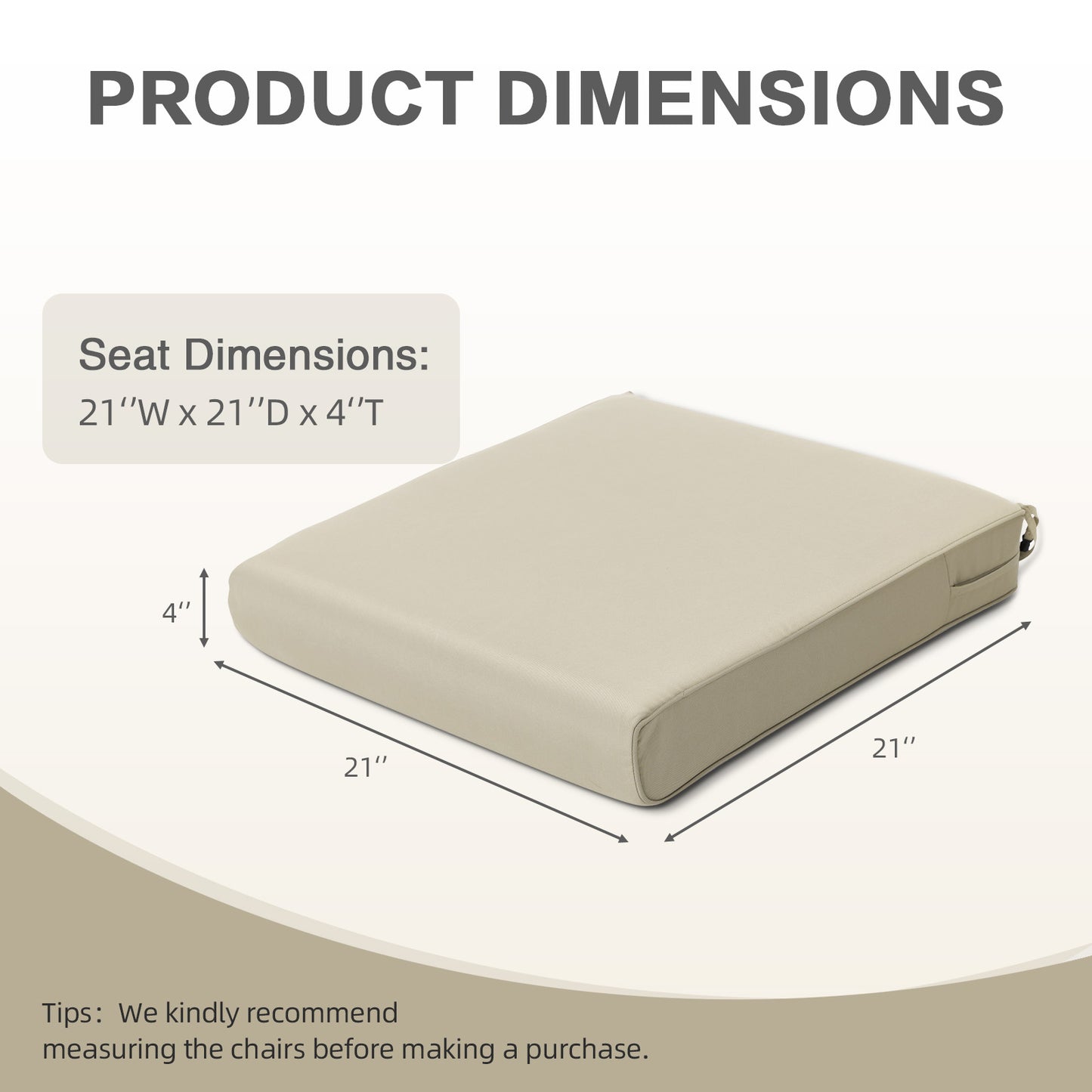 Outdoor Chair Cushion , Removable Cover with Hidden Zipper, Adaptable Secure Ties - Khaki
