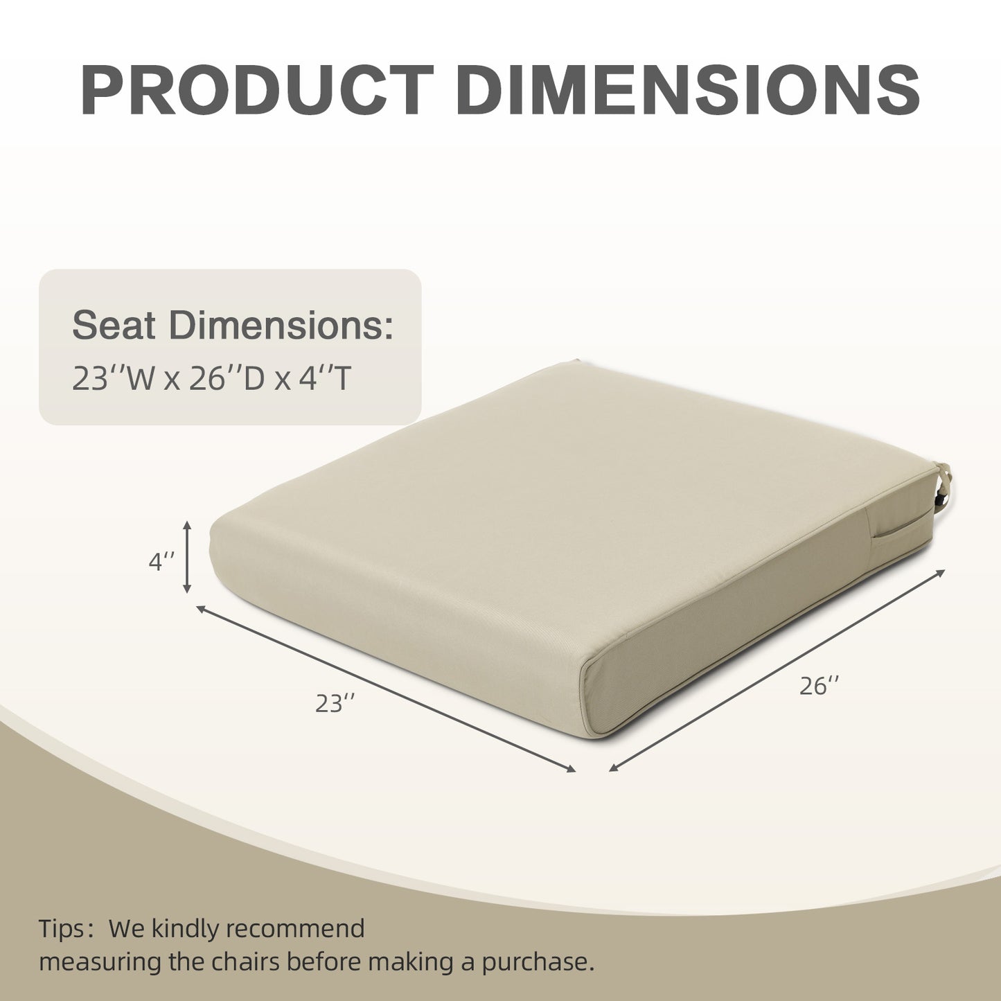 Outdoor Chair Cushion , Removable Cover with Hidden Zipper, Adaptable Secure Ties - Khaki