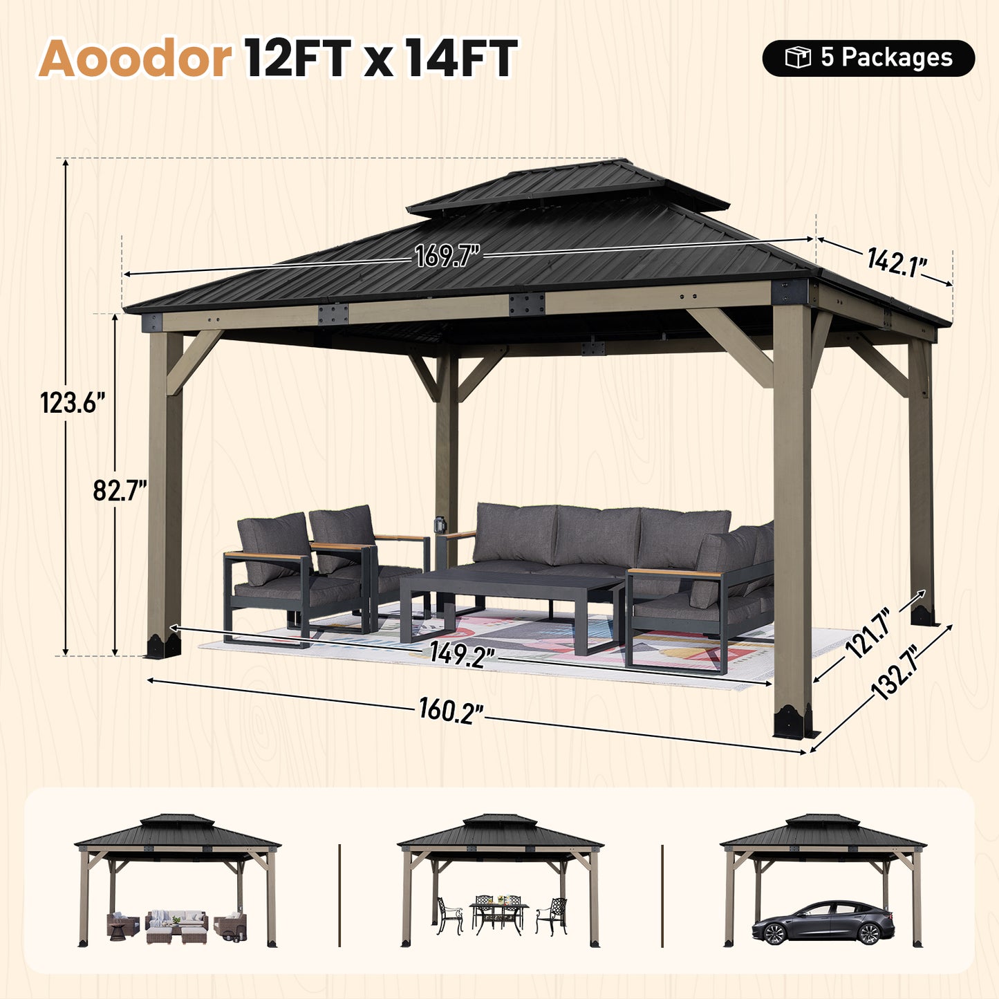 12'x14' Upgrade Cedar Wooden Frame Gazebo with 2-Tier Galvanized Steel Roof and Outlets
