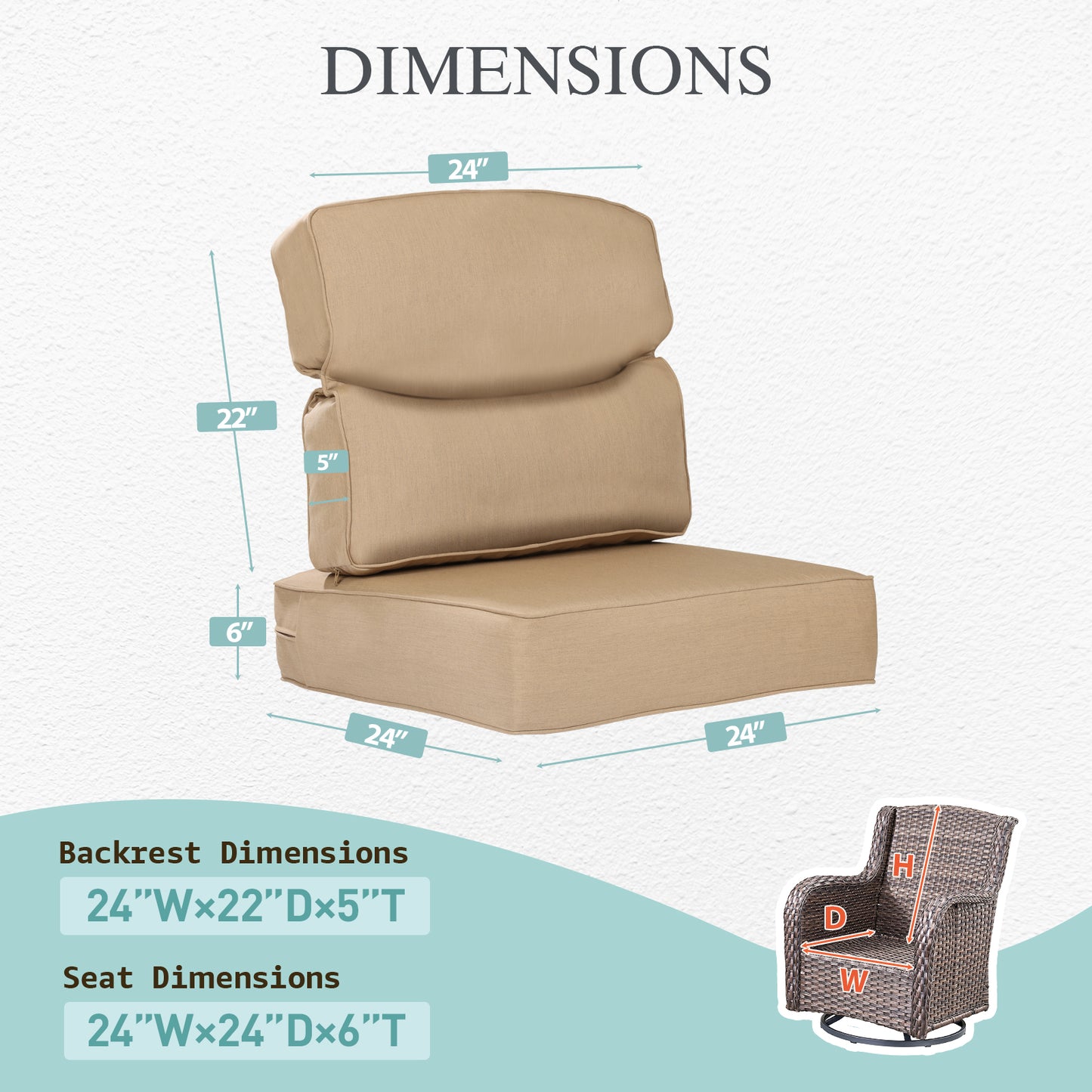 Smile Outdoor Chair Cushion Set, Sunbrella Fabric Deep Seating Cushions, Canvas Heather Beige