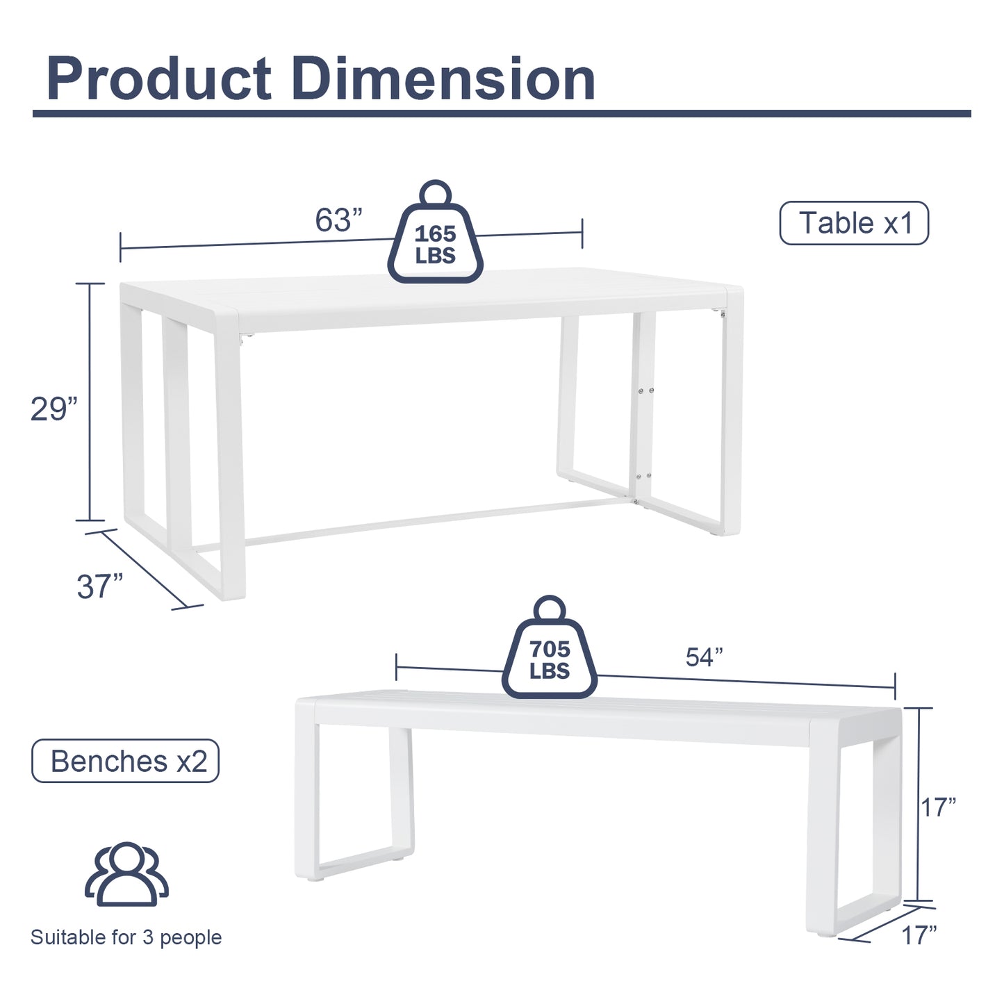 3-Piece Outdoor Patio Aluminum Dining Set with 1 Rectangular Picnic Table and 2 Benches - Aoodor