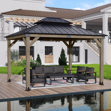 10'x12'/12'x12'/12'x14' Cedar Wood Hardtop Gazebo, 2-layer Galvanized Steel Roof - Aoodor