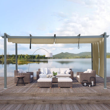 16x12 ft. Outdoor Pergola with Retractable Shade Canopy, Aluminum Frame, Roller Shade Curtain - Aoodor