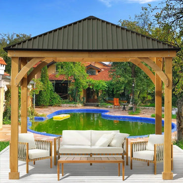 10'x10' Outdoor Solid Wood Frame Hardtop Gazebo with Metal Roof - Aoodor