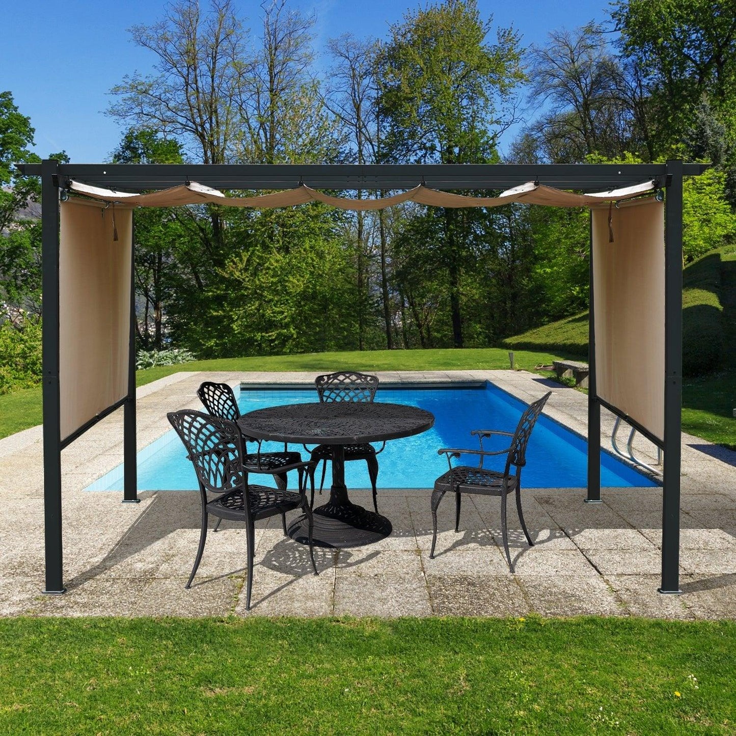 12 x 12 FT Outdoor Pergola with Retractable Shade Canopy, Aluminum Frame, 4 Pieces Roller Shade Curtain- Brown Aoodor