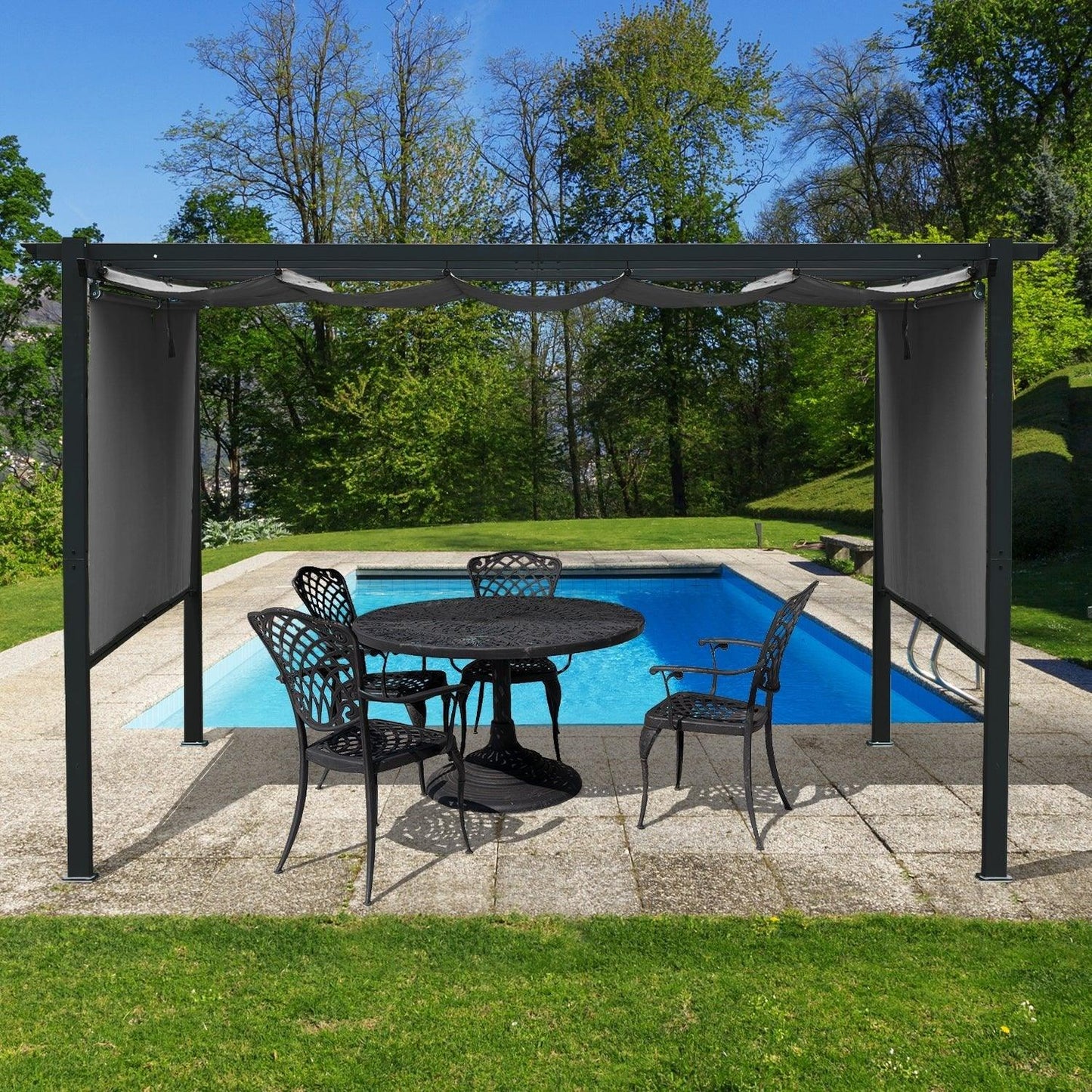 12 x 12 FT Outdoor Pergola with Retractable Shade Canopy, Aluminum Frame, 4 Pieces Roller Shade Curtain- Gary Aoodor