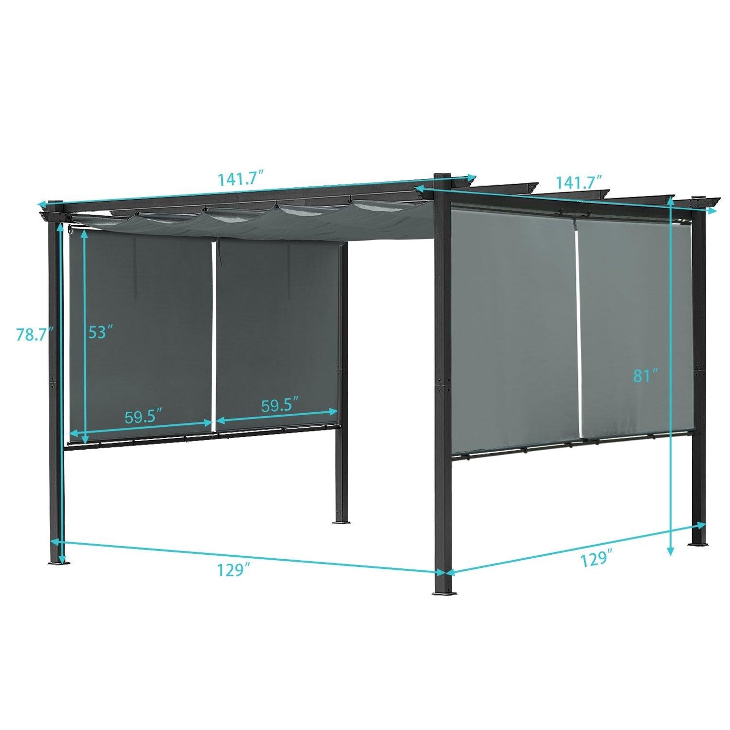12 x 12 FT Outdoor Pergola with Retractable Shade Canopy, Aluminum Frame, 4 Pieces Roller Shade Curtain- Gary Aoodor