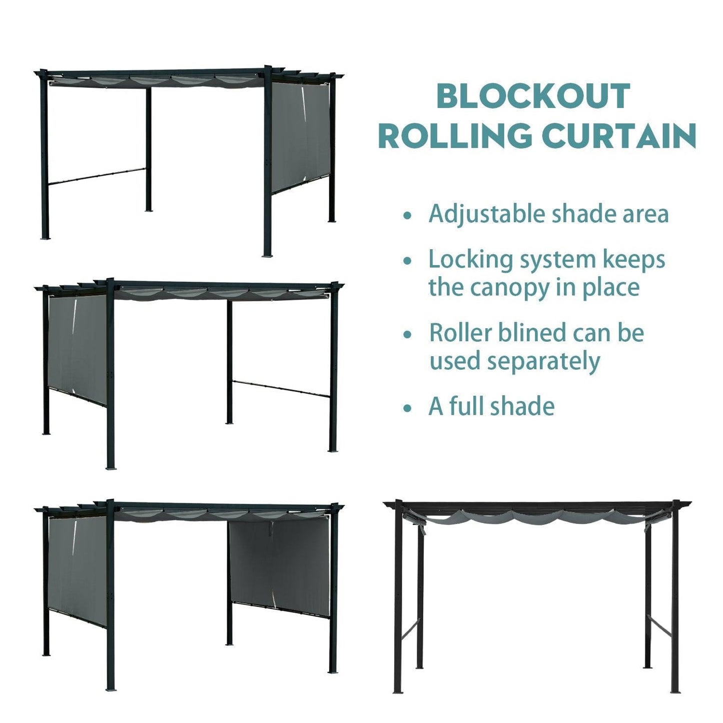 12 x 12 FT Outdoor Pergola with Retractable Shade Canopy, Aluminum Frame, 4 Pieces Roller Shade Curtain- Gary Aoodor