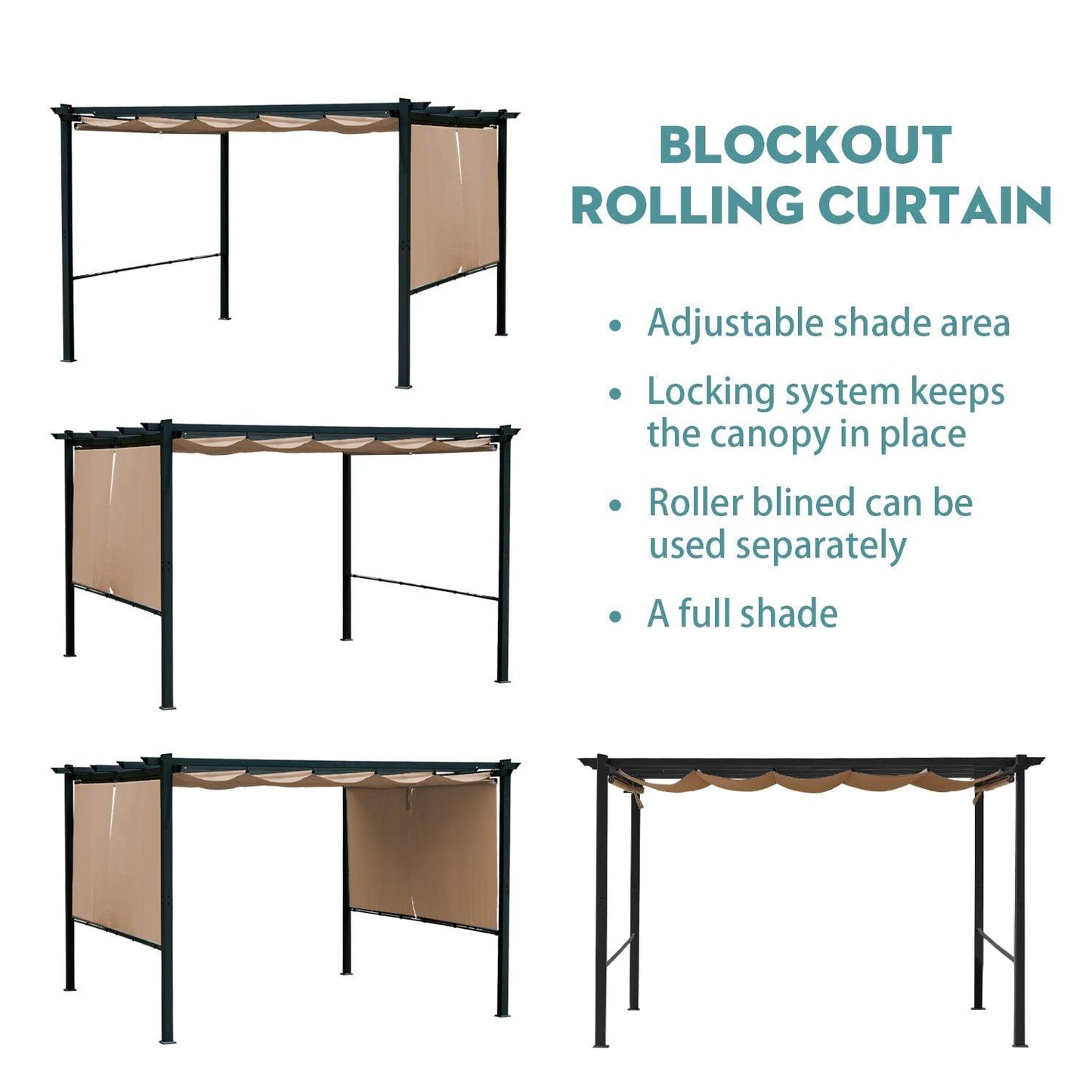 12 x 12 FT Outdoor Pergola with Retractable Shade Canopy, Aluminum Frame, 4 Pieces Roller Shade Curtain- Brown/Gary Aoodor