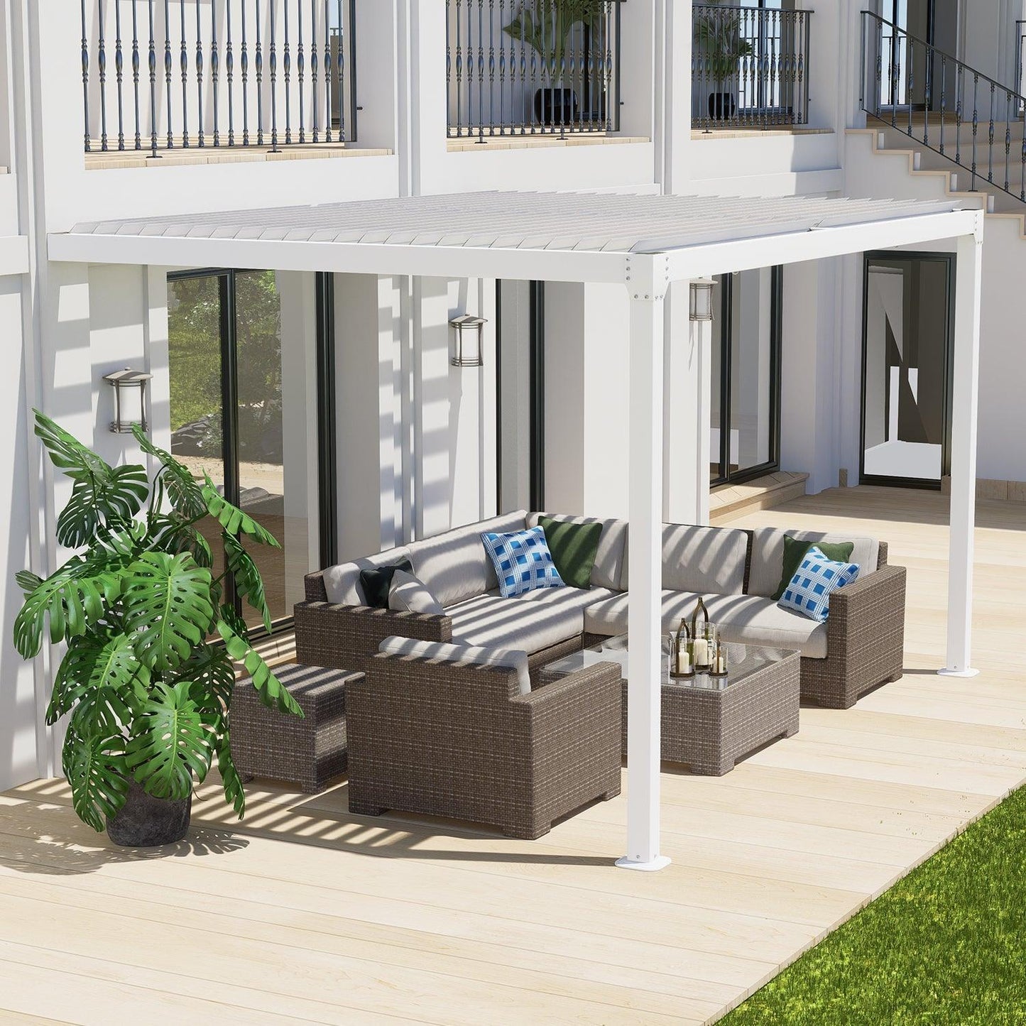 13x10 ft. Outdoor Aluminum Wall Mounted Louvered Pergola, Sun Shade Shelter with 2 Adjustable Panels - Dark Gray/White - Aoodor