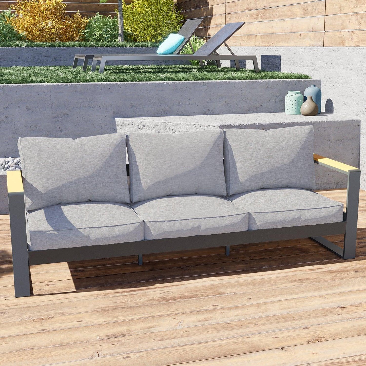 3 Seater Aluminum Sofa Couch Deep Seat - All-Weather Resistant Outdoor Conversation Set with Thick Cushions - Aoodor
