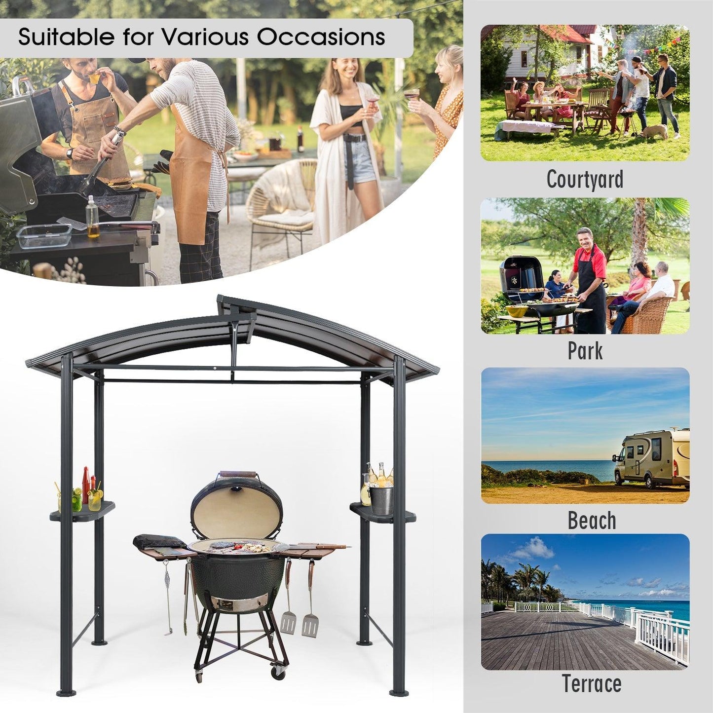 8'x5' Outdoor Hardtop Grill Gazebo Double-Tier Polycarbonate Roof with Side Shelves for Patio BBQ - Aoodor