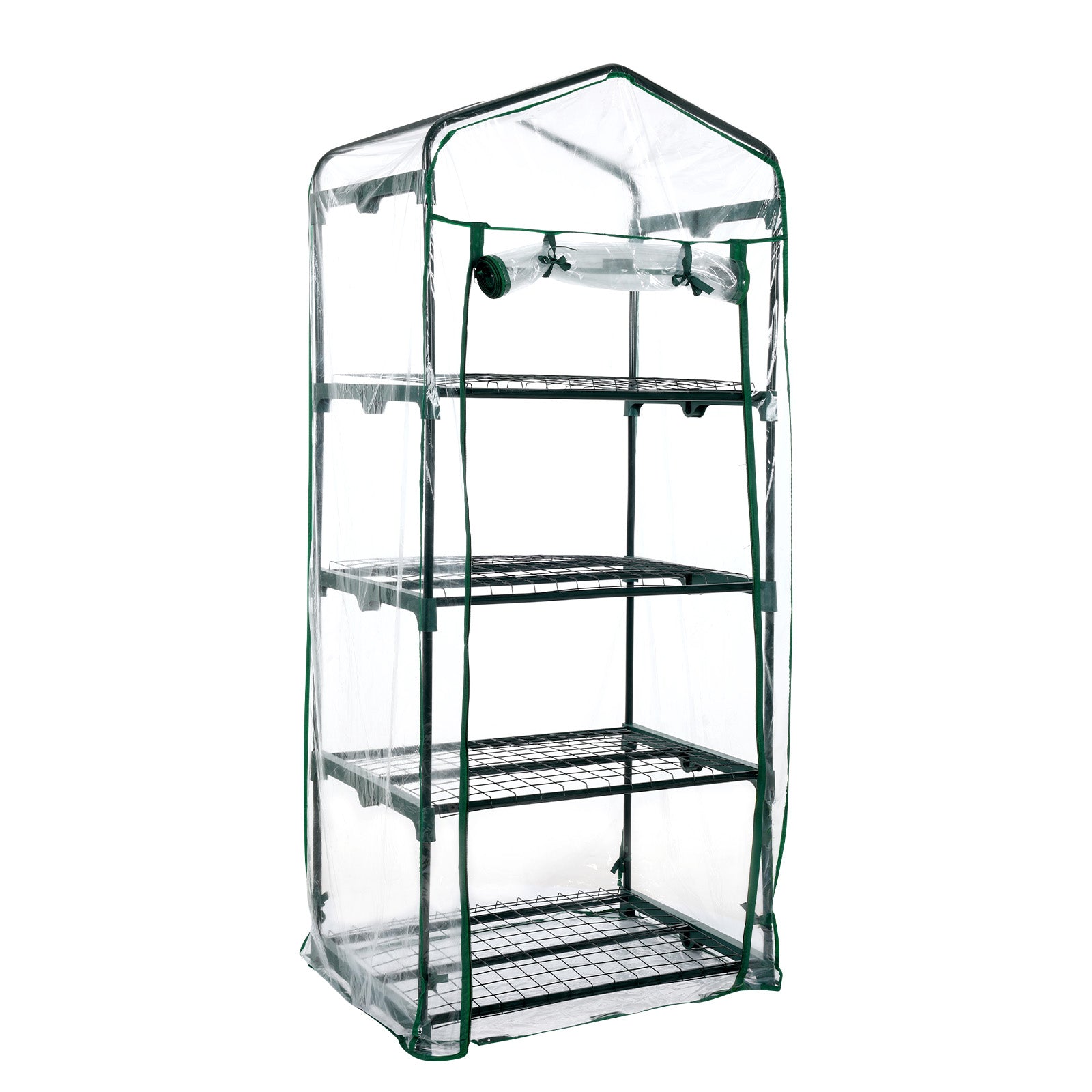 Clear plastic greenhouse with metal frame on a white background