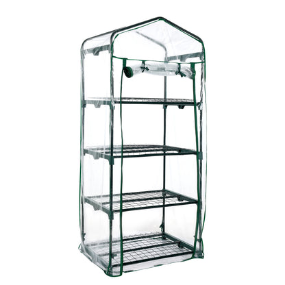 Clear plastic greenhouse with metal frame on a white background