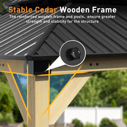 10'x12' Outdoor Patio Wooden Frame Gazebo with 2-Tier Galvanized Metal Hardtop Roof and Outlets