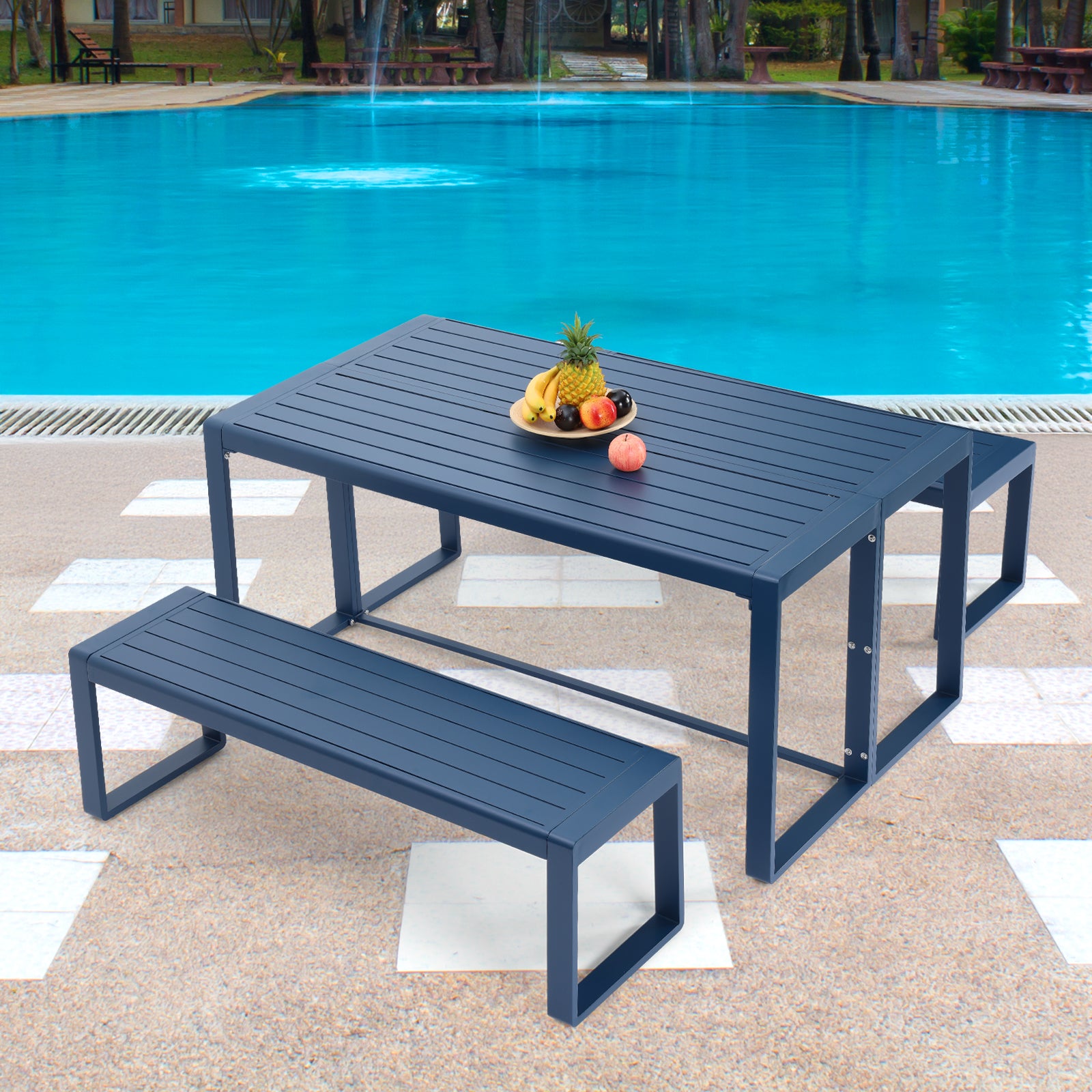 3-Piece Outdoor Patio Aluminum Dining Set with 1 Rectangular Picnic Table and 2 Benches - Aoodor 