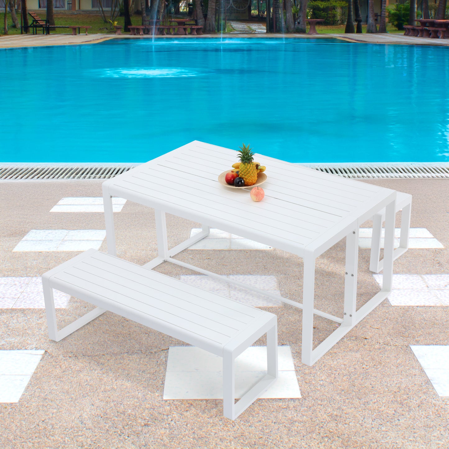 3-Piece Outdoor Patio Aluminum Dining Set with 1 Rectangular Picnic Table and 2 Benches - Aoodor 