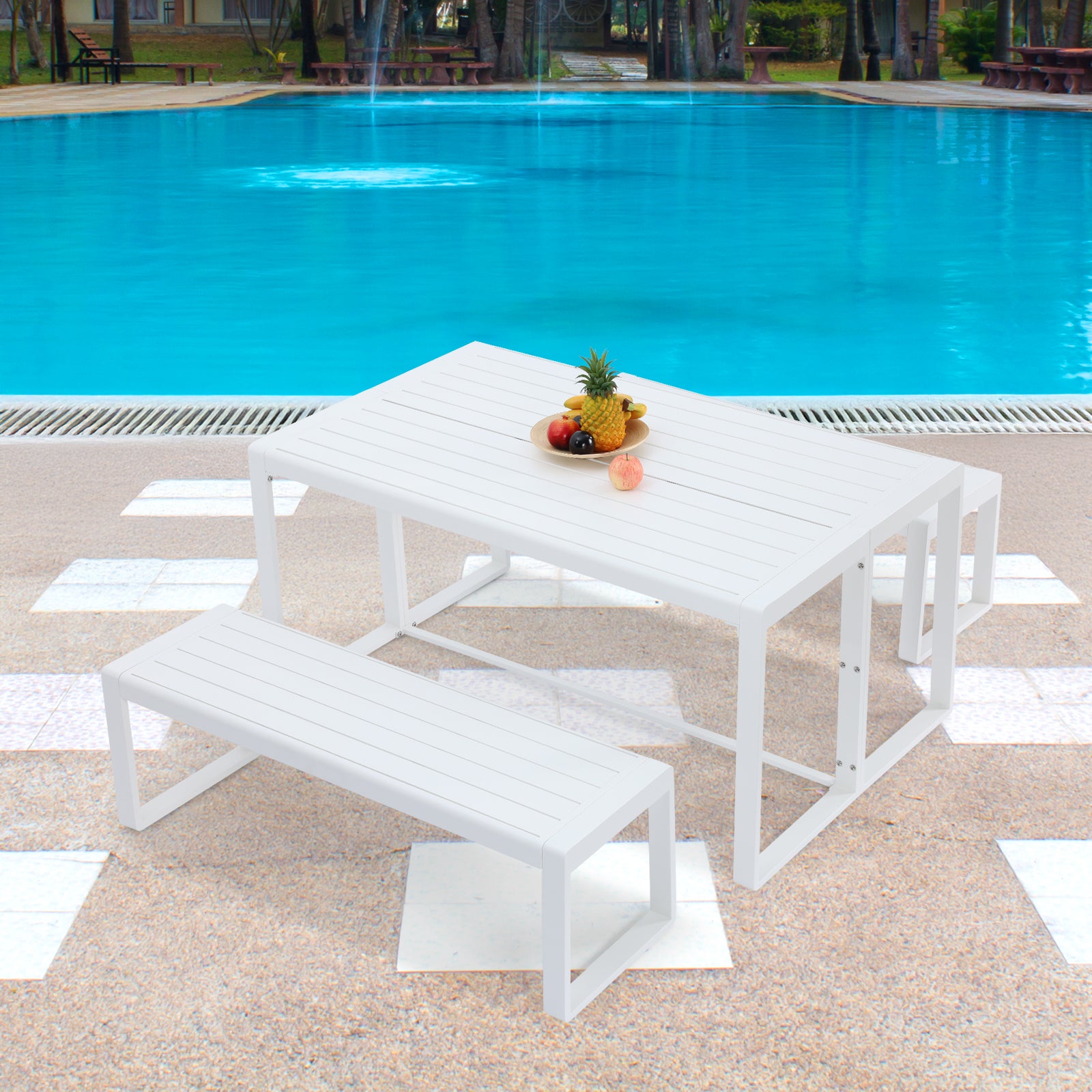 3-Piece Outdoor Patio Aluminum Dining Set with 1 Rectangular Picnic Table and 2 Benches - Aoodor 