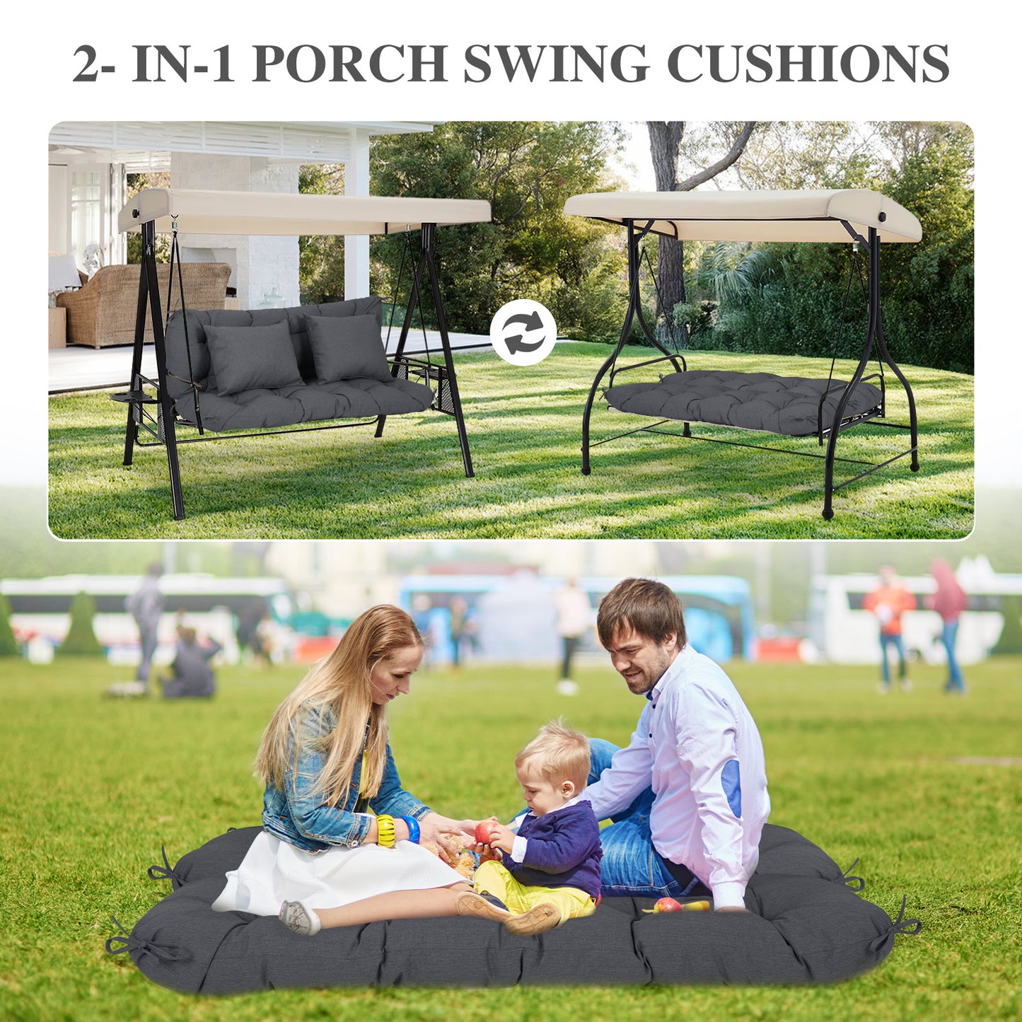 59" Tufted Porch Swing Cushions, Extra 5.1" Thick Outdoor Swing Bench Replacement Cushion with Backrest and 2 Pillows - Dark Gray - Aoodor 
