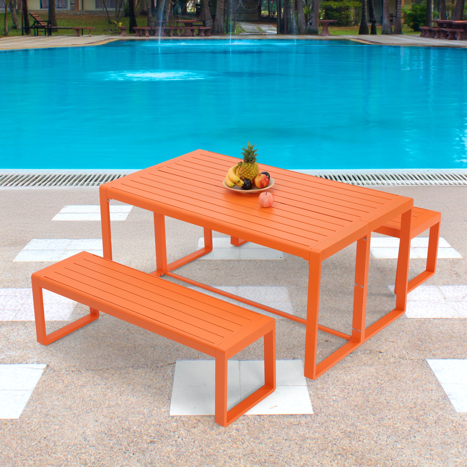 3-Piece Outdoor Patio Aluminum Dining Set with 1 Rectangular Picnic Table and 2 Benches - Aoodor 