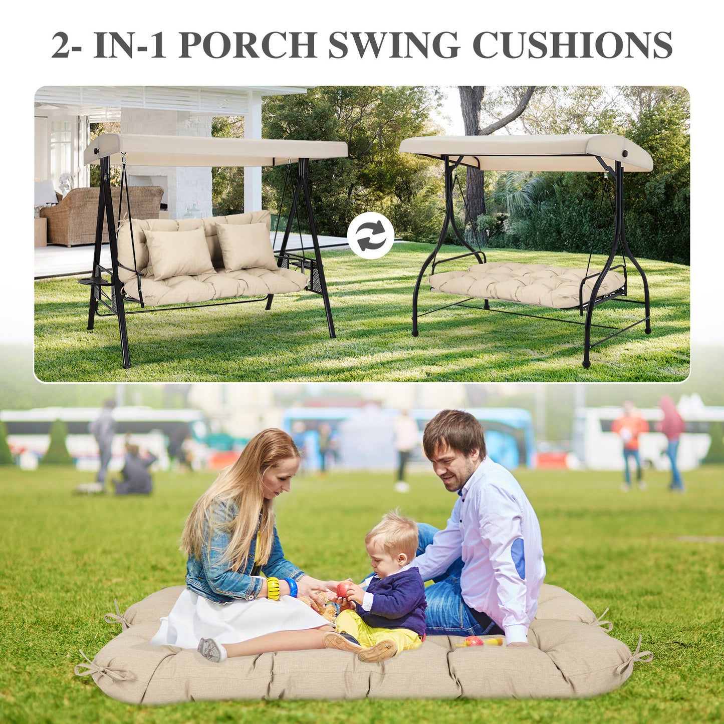 59" Tufted Porch Swing Cushions, Extra 5.1" Thick Outdoor Swing Bench Replacement Cushion with Backrest and 2 Pillows - Khaki - Aoodor 