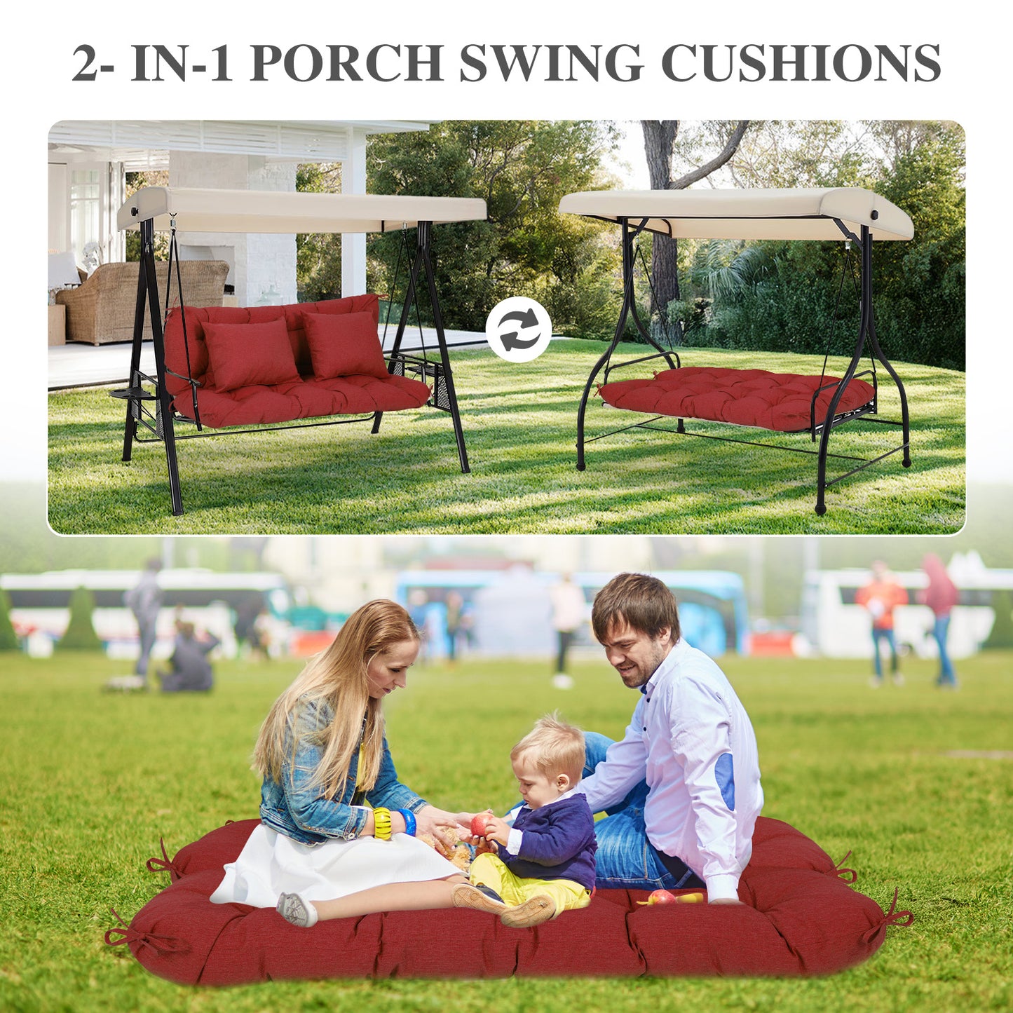 59" Tufted Porch Swing Cushions, Extra 5.1" Thick Outdoor Swing Bench Replacement Cushion with Backrest and 2 Pillows - Red - Aoodor 