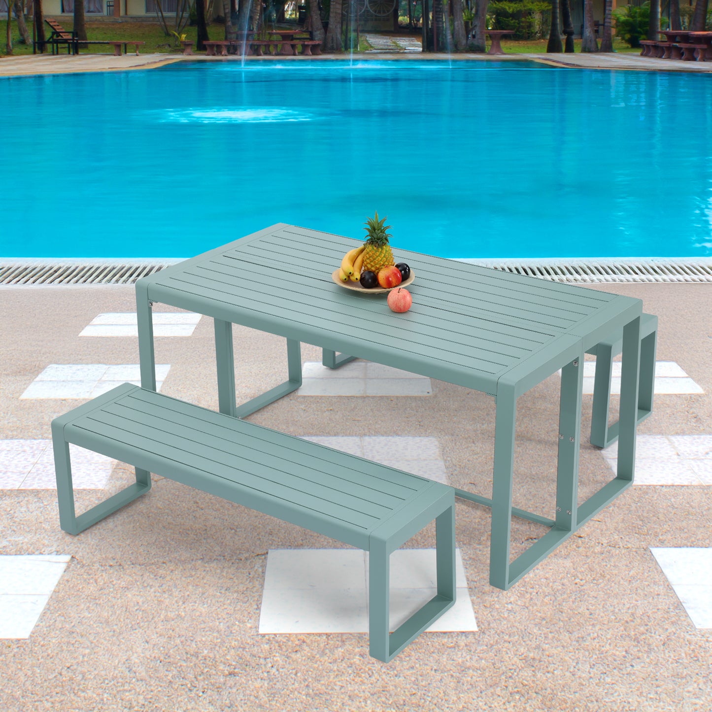 3-Piece Outdoor Patio Aluminum Dining Set with 1 Rectangular Picnic Table and 2 Benches - Aoodor 