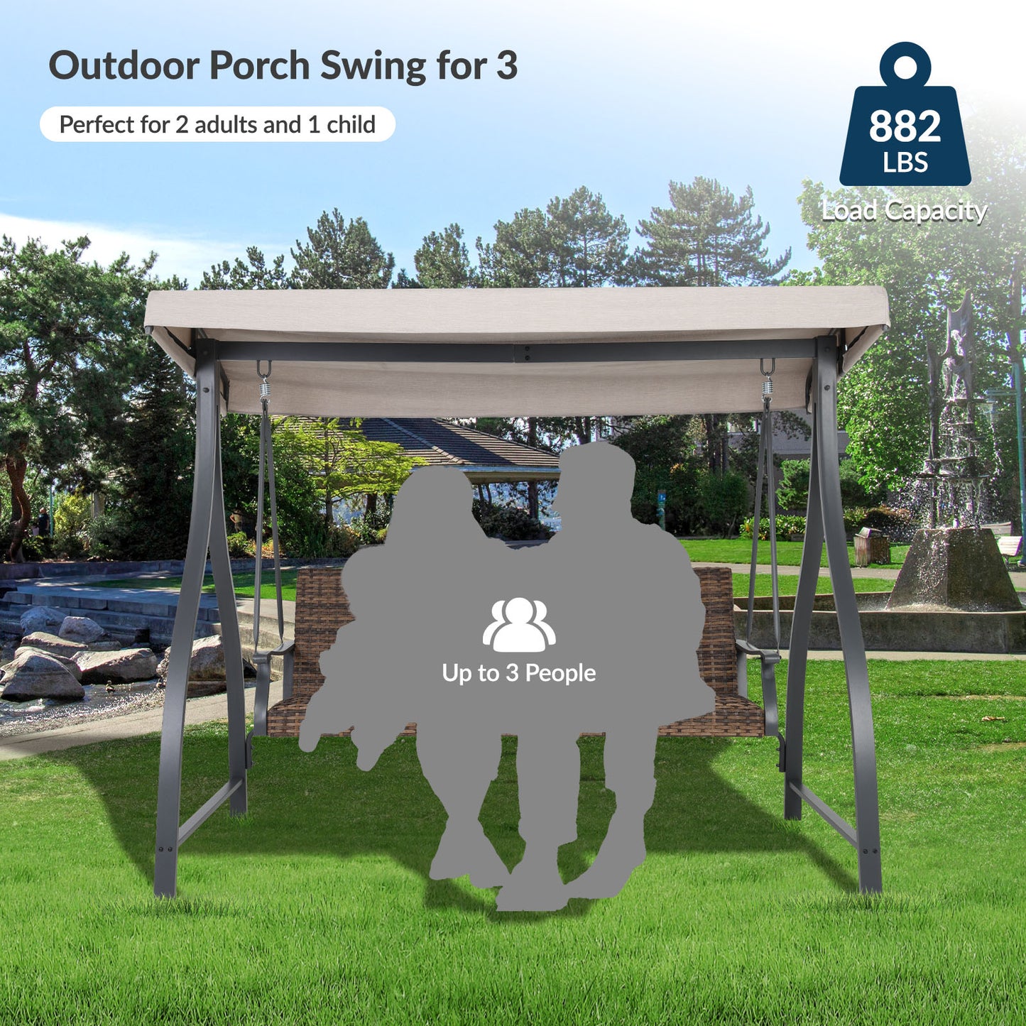 3-Seat Outdoor Rattan Patio Swing with Adjustable Canopy - Aoodor 