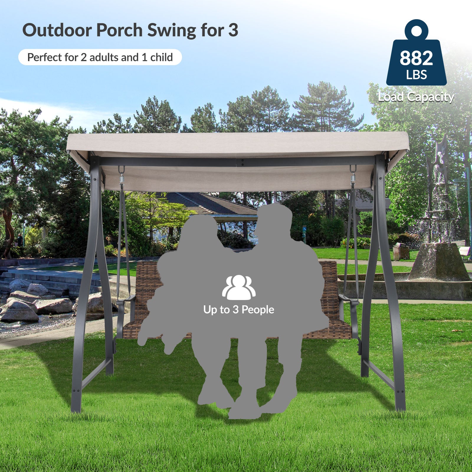3-Seat Outdoor Rattan Patio Swing with Adjustable Canopy - Aoodor 