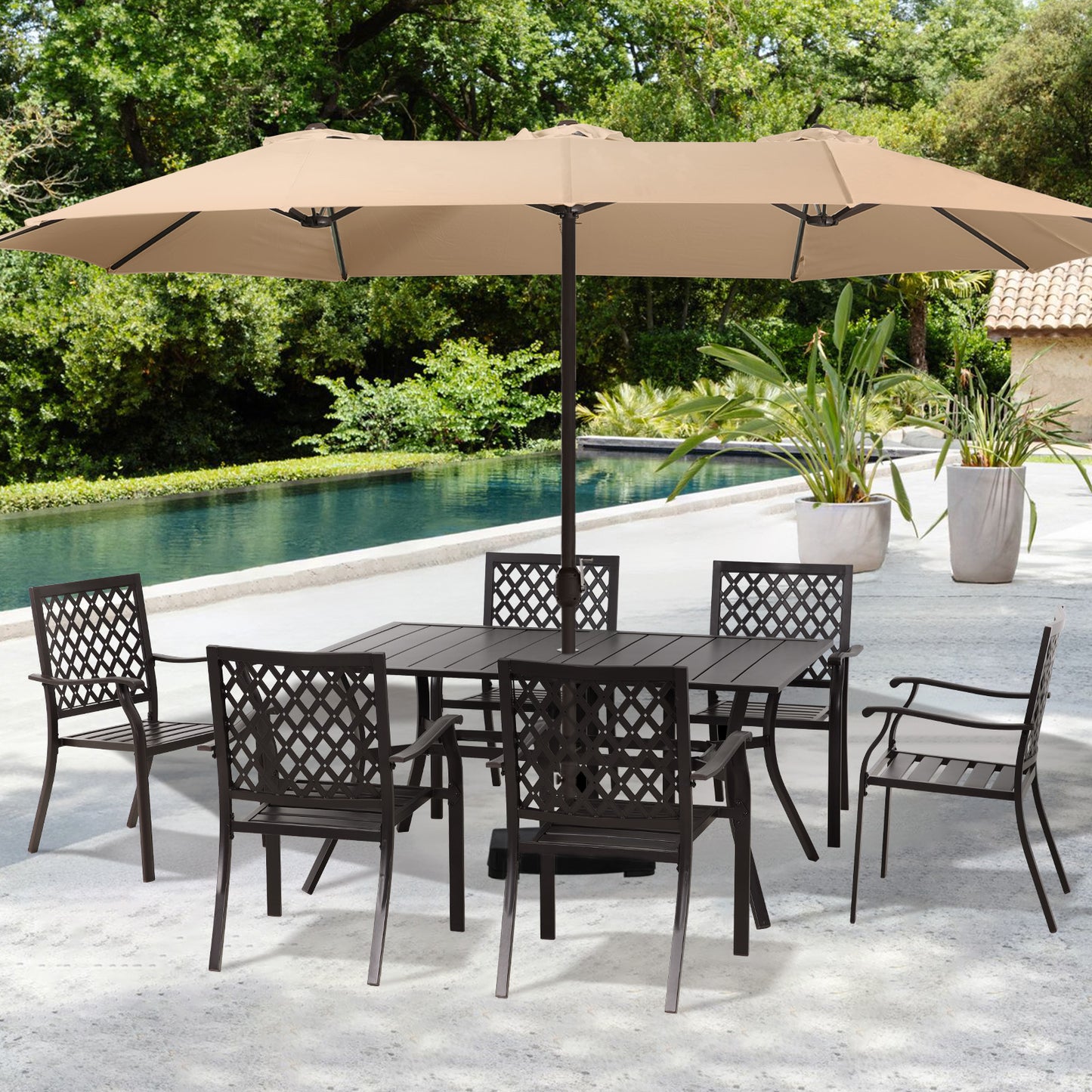 Patio Dining Table for 6, 59 inch Rectangular Metal Outdoor Patio Table with Umbrella Hole