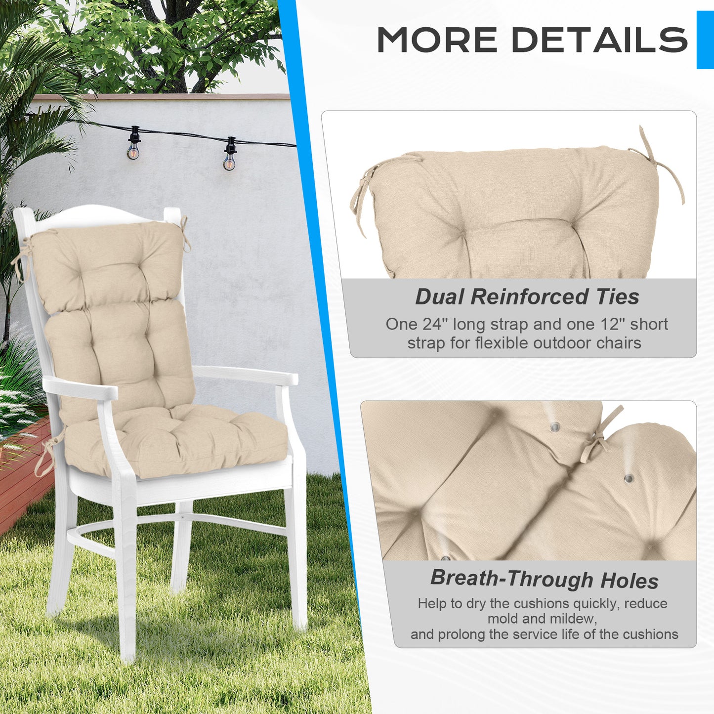 Tufted Outdoor High Back Chair Cushions Patio Rocking Pads for Furniture, Khaki - Aoodor 