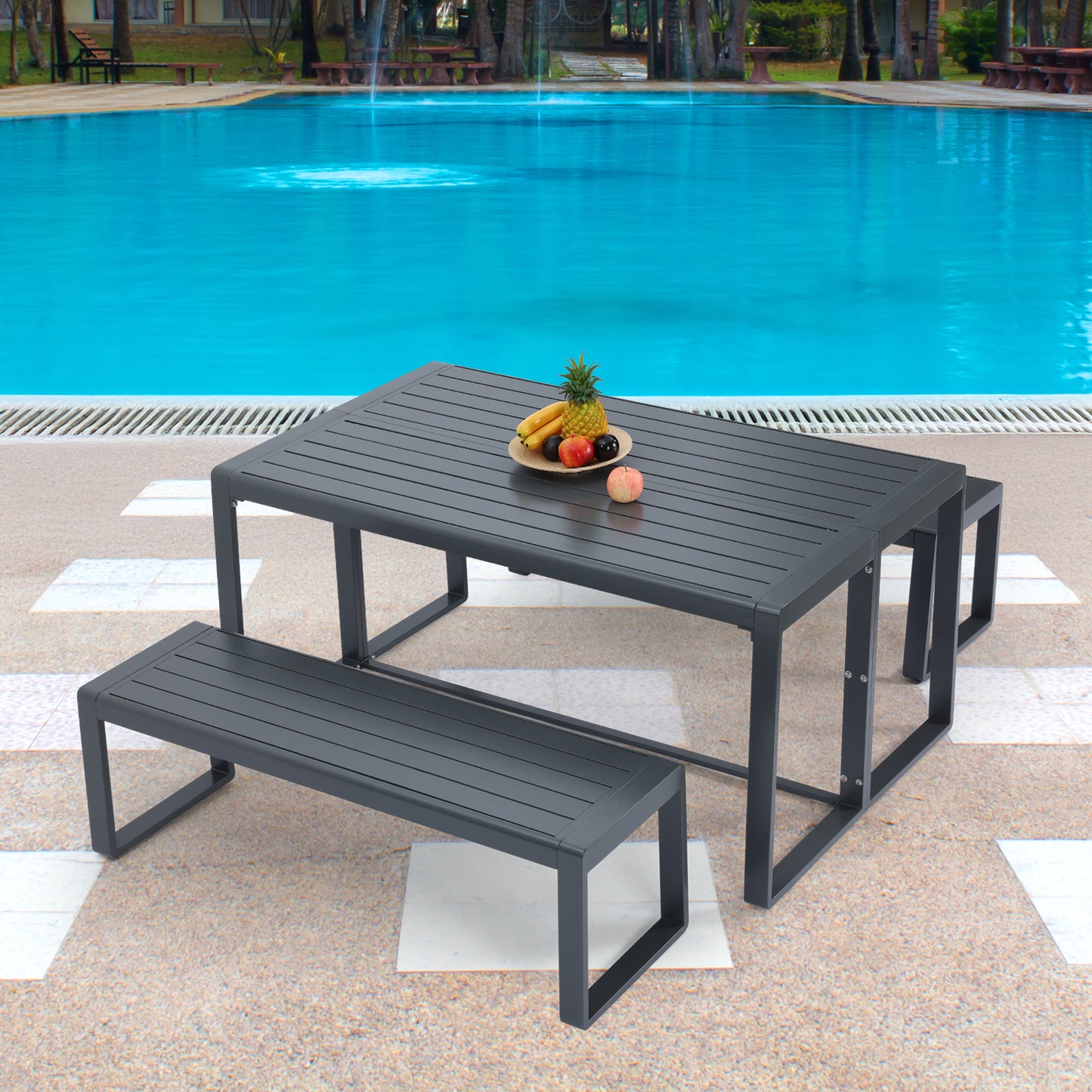 3-Piece Outdoor Patio Aluminum Dining Set with 1 Rectangular Picnic Table and 2 Benches - Aoodor 