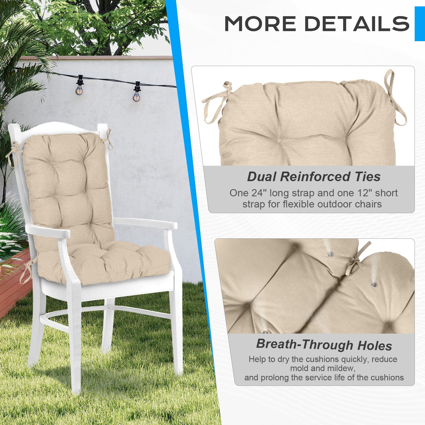 Tufted Outdoor High Back Chair Cushions Patio Replacement Cushion, Khaki - Aoodor 