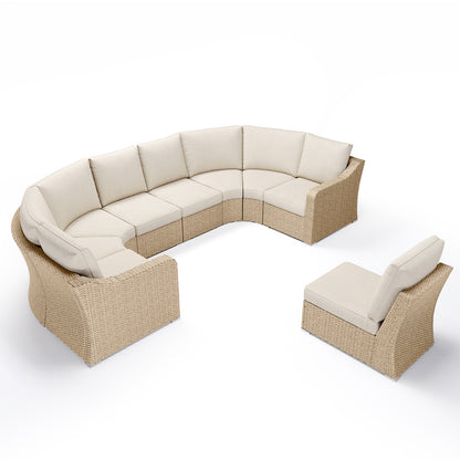 Durable Luxury  9 Piece Half Moon Wicker Outdoor Sectional Set with with Beige Cushions