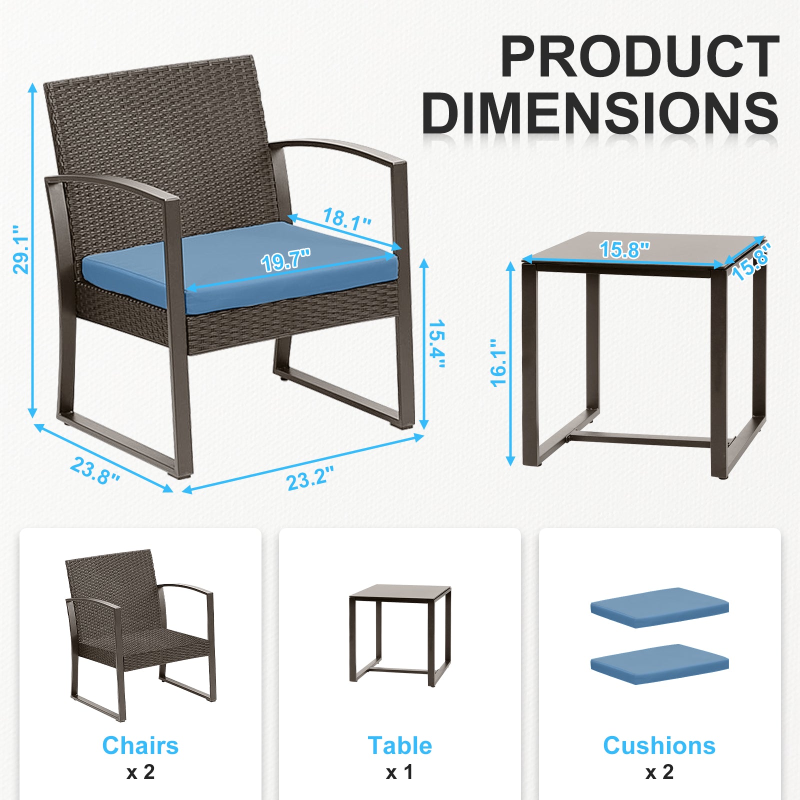 3-Piece Patio Furniture Set - Outdoor Rattan Wicker Chairs with Table, Sofa Set Including Cushions - Aoodor 