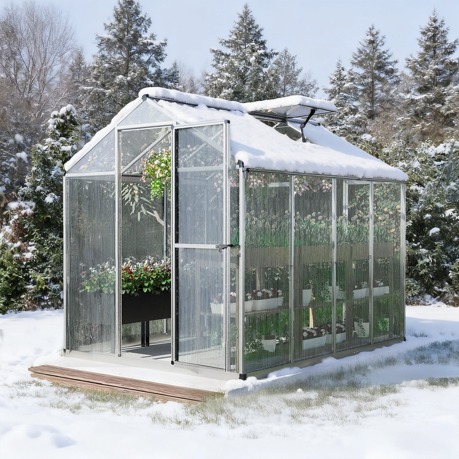 6x8/6x10 ft. Walk-in Polycarbonate Greenhouse with Roof Vent and Door lock - Aoodor 