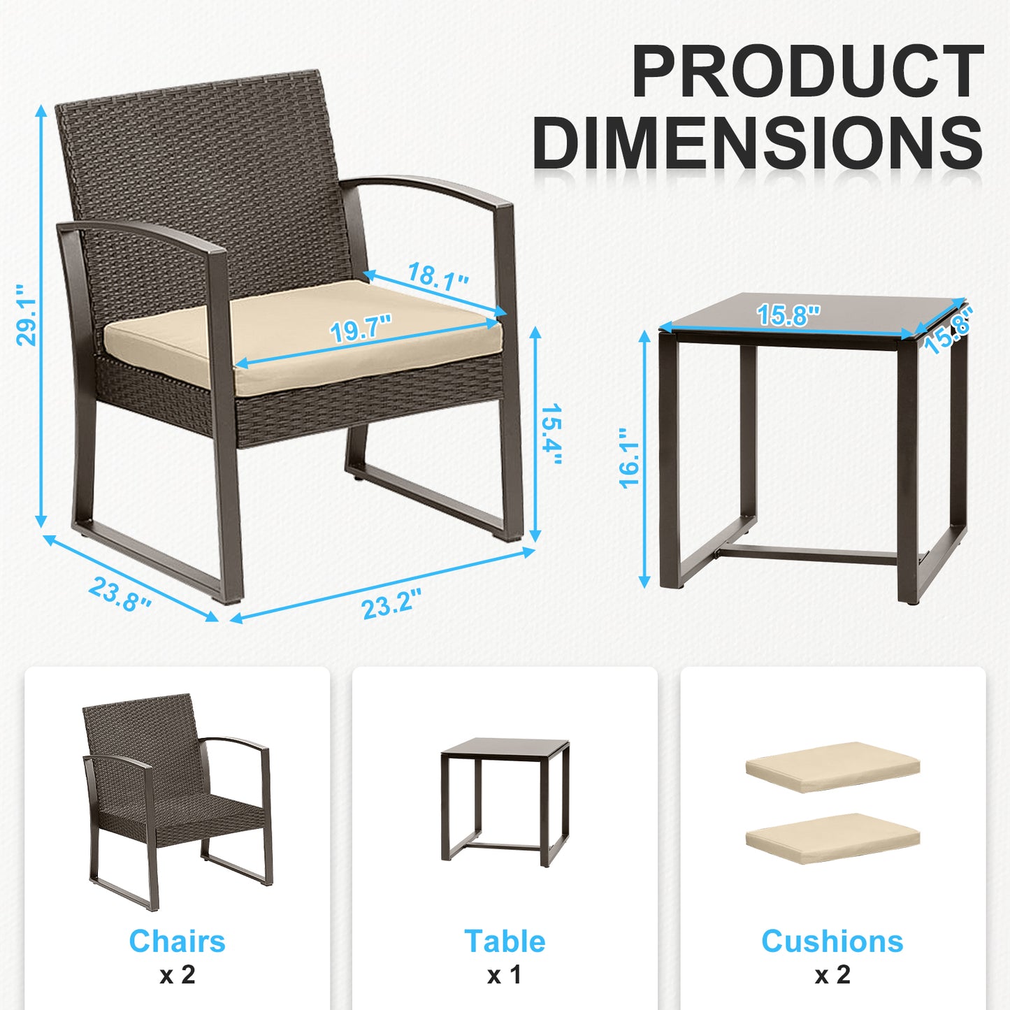 3-Piece Patio Furniture Set - Outdoor Rattan Wicker Chairs with Table, Sofa Set Including Cushions - Aoodor 