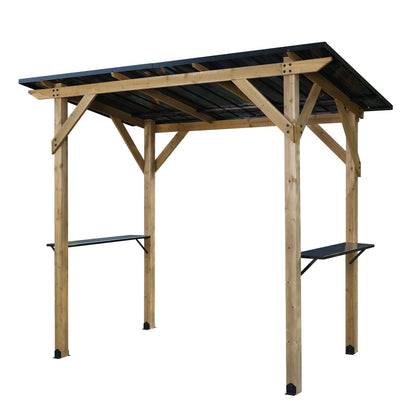 8'x5' Wooden Grill Gazebo, Outdoor Hardtop Gazebo with Sloping Metal Roof and 2 Side Shelves, Fits Most Grills, BBQ Canopy
