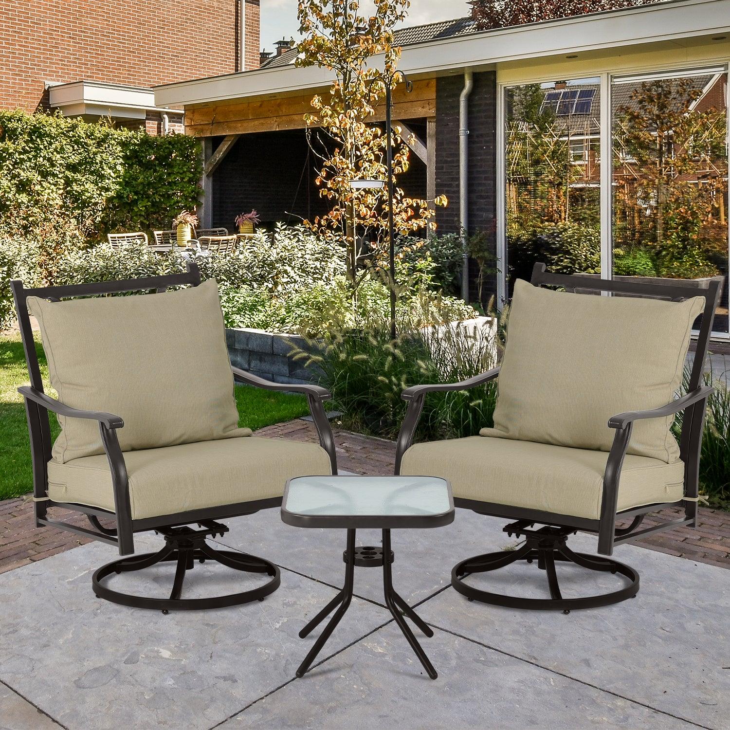 Outdoor Swivel Chair Set -  Two Chairs, One Glass Table, and Two Thick Cushions - Aoodor 